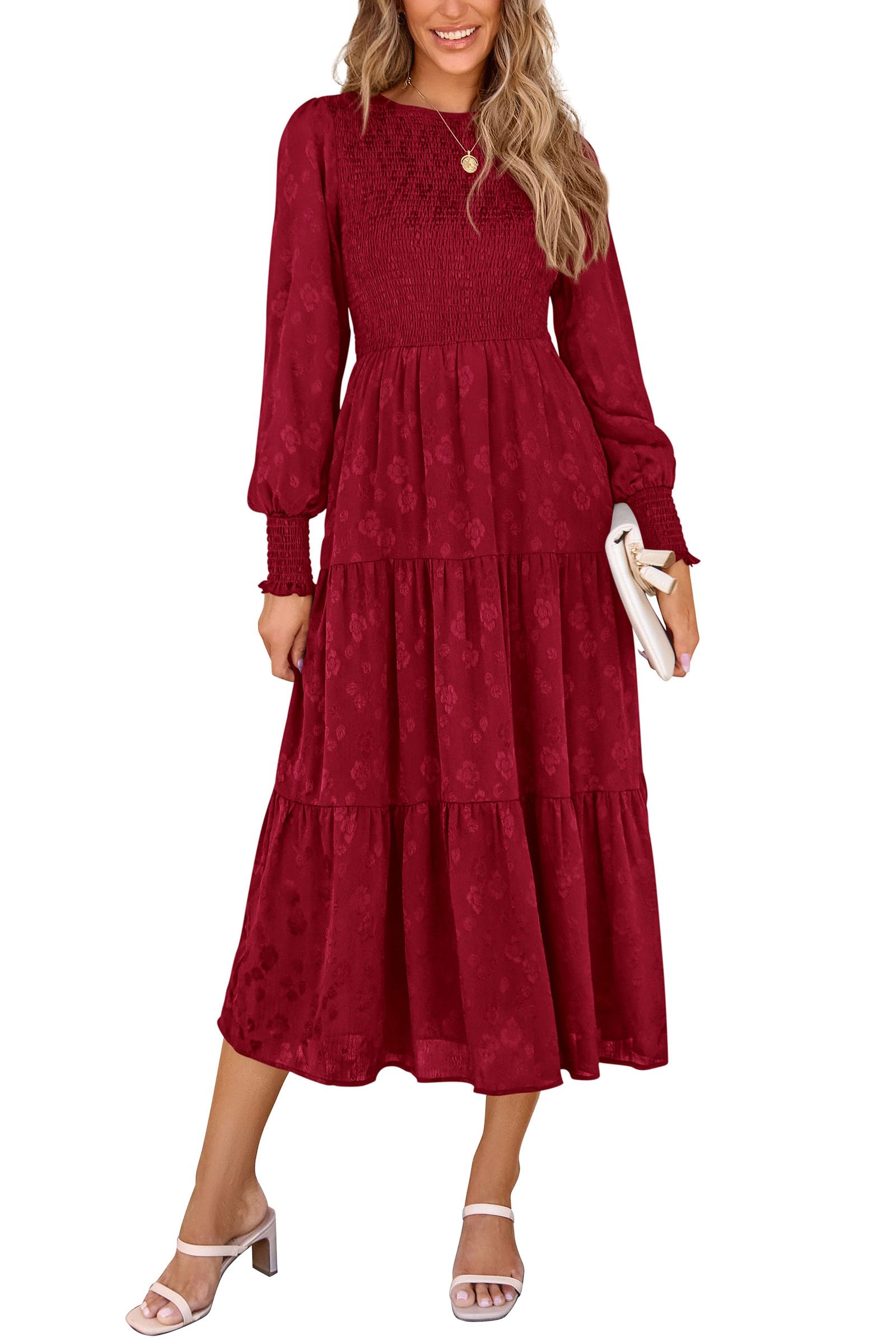 PRETTYGARDEN Women's Fall Spring Midi Dress Long Sleeve Floral Smocked Elegant Wedding Guest Long Flowy Dresses with Pockets