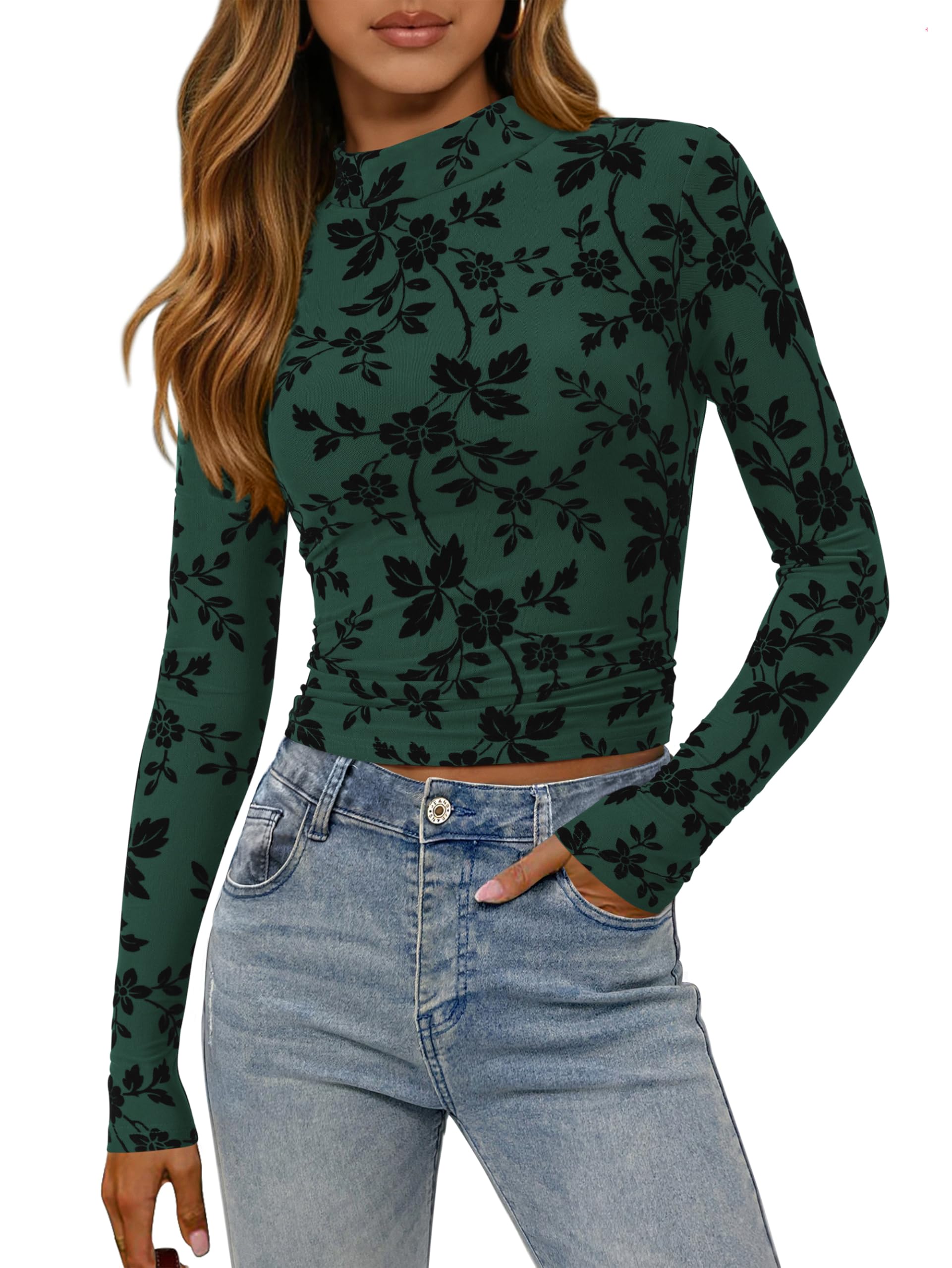 FreshPretty Mesh Long Sleeve Tops for Women Trendy Mock Neck Crop Going Out Fitted Floral Shirts Fall Fashion Clothing