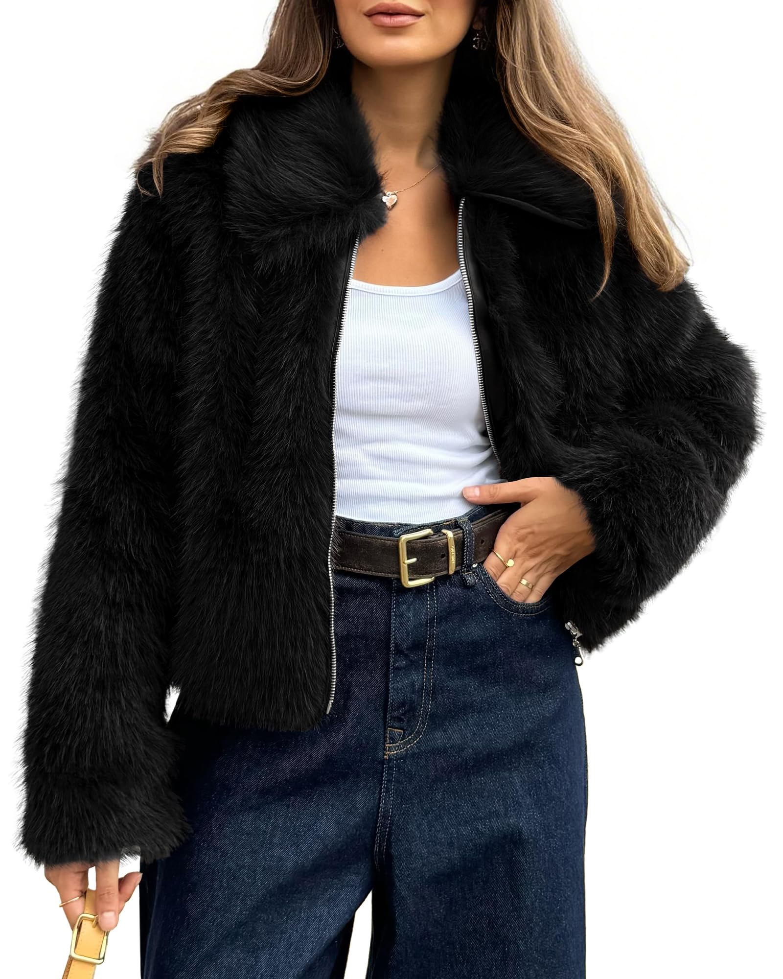 BTFBM Faux Fur Jacket Women Fluffy Winter Cropped Coats Zip Up Fuzzy Jackets Long Sleeve Furry Coat Fall Clothes
