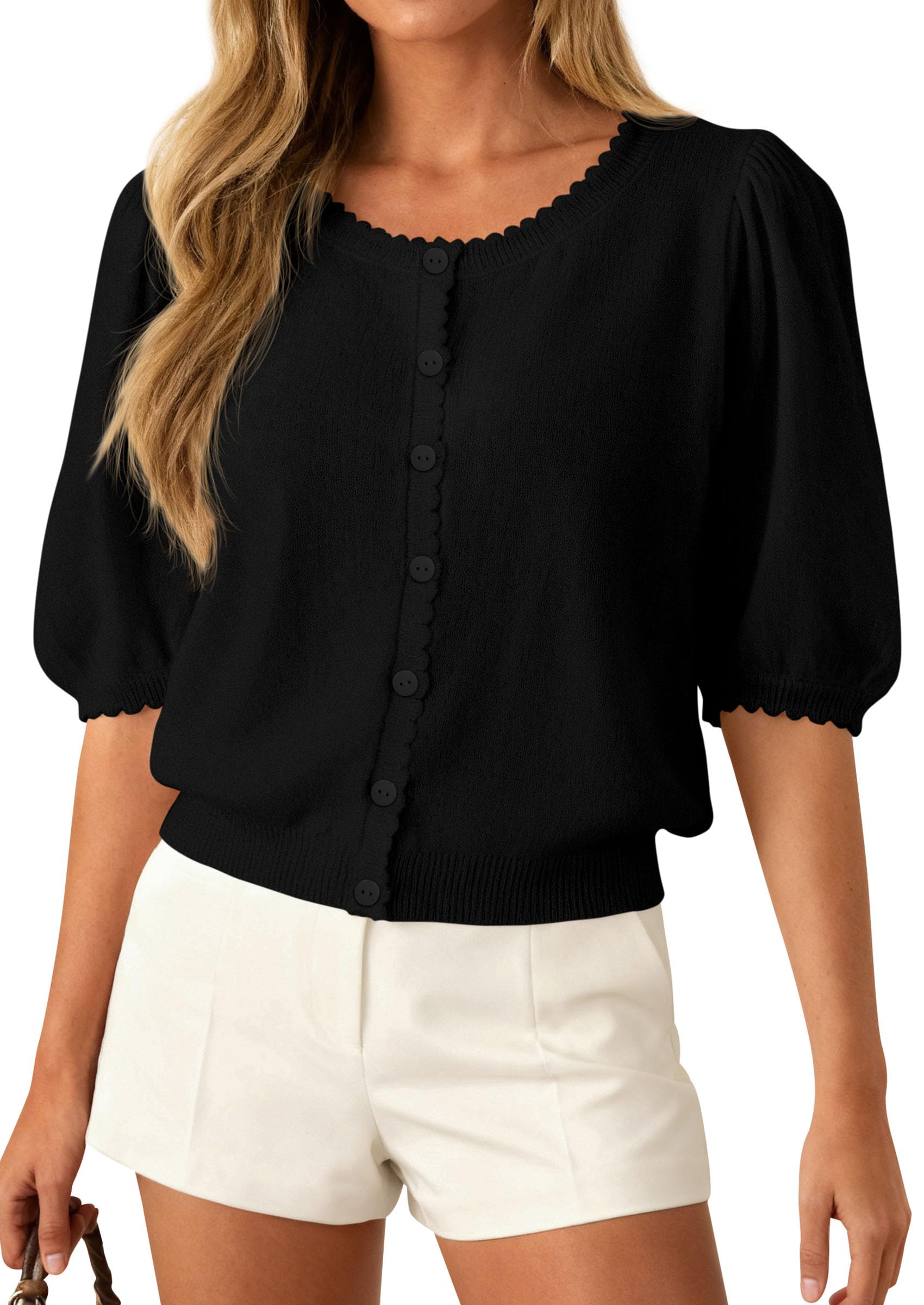 PRETTYGARDEN Puff Short Sleeve Cardigans for Women Lightweight Summer Shirts Button Up Knit Sweater Tops Spring Clothes