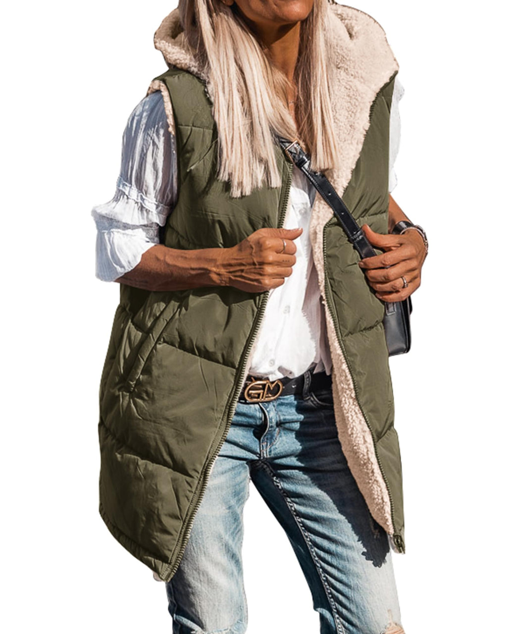 BTFBM Long Puffer Vest Women Fleece Sherpa Jacket Sleeveless Hooded Reversible Zip Up Winter Coat Fall Vests Outerwear