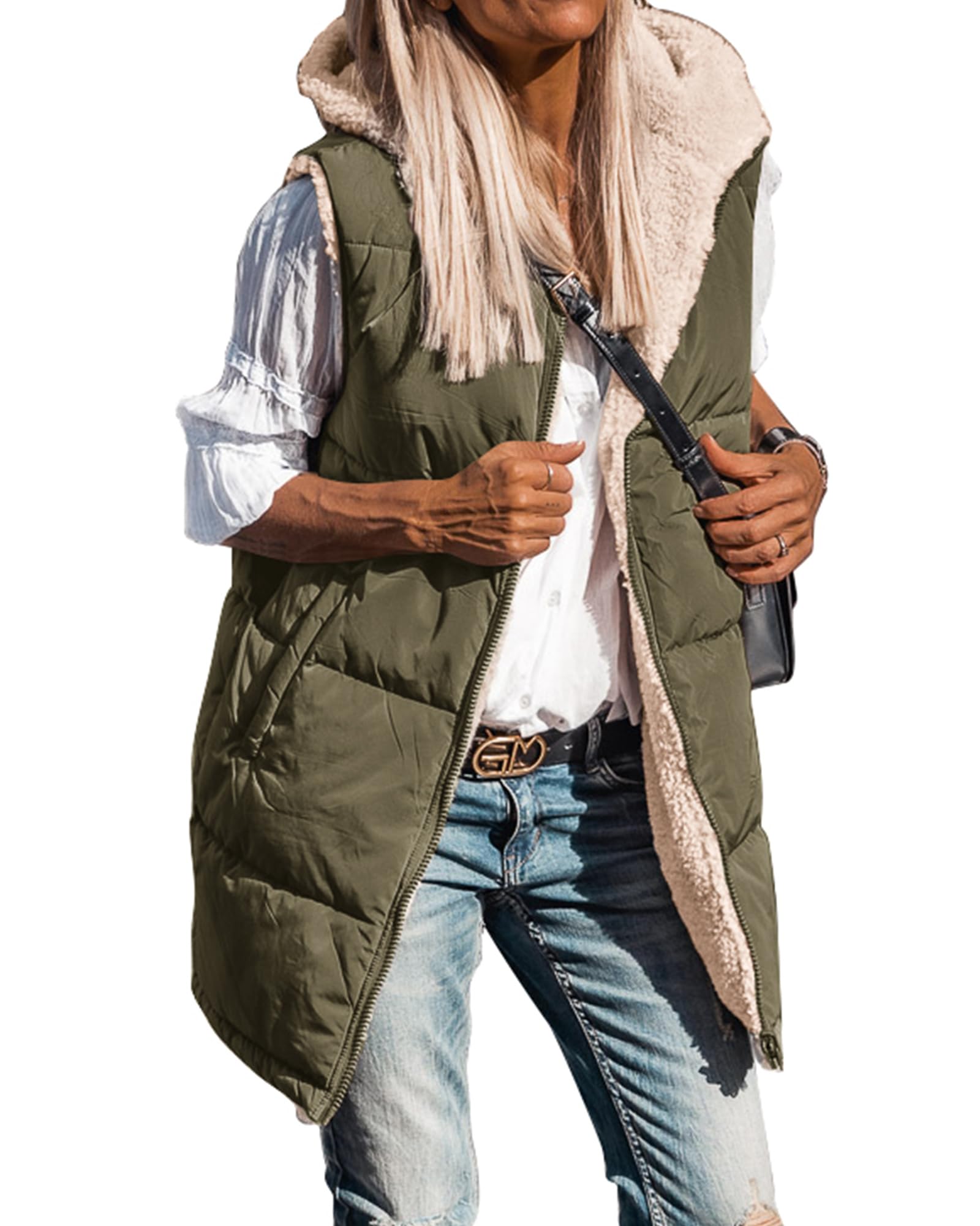 BTFBM Long Puffer Vest Women Fleece Sherpa Jacket Sleeveless Hooded Reversible Zip Up Winter Coat Fall Vests Outerwear