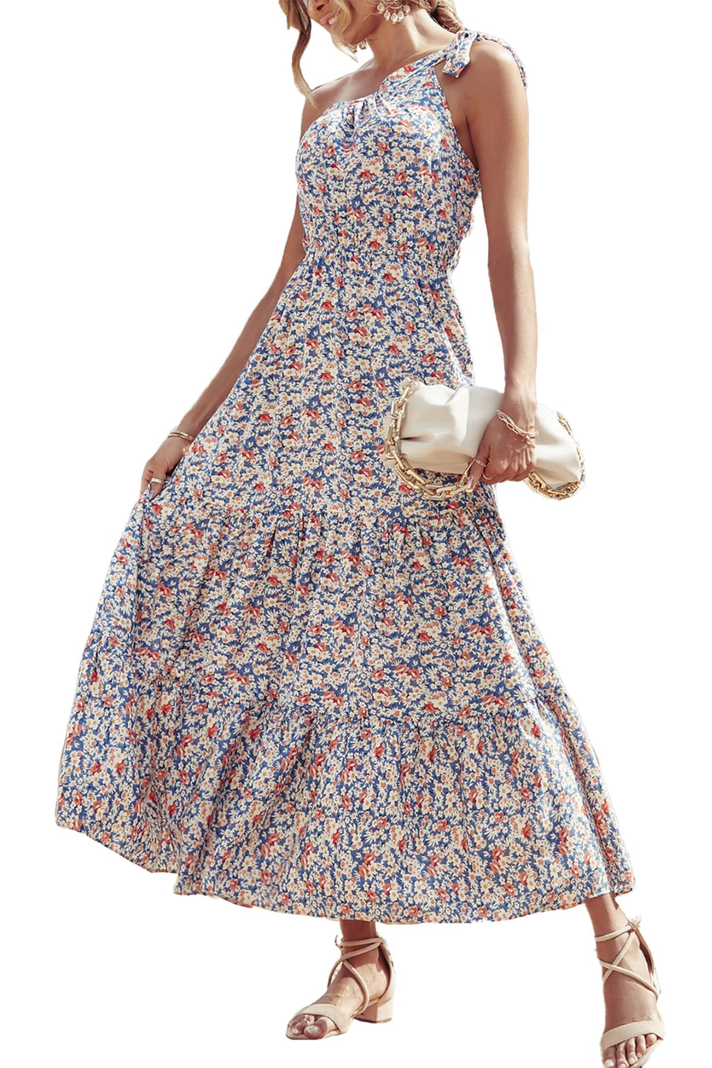 PRETTYGARDEN Women's Summer Floral One Shoulder Maxi Dress Knot Ruffle Boho Beach Vacation Wedding Guest Long Sun Dresses