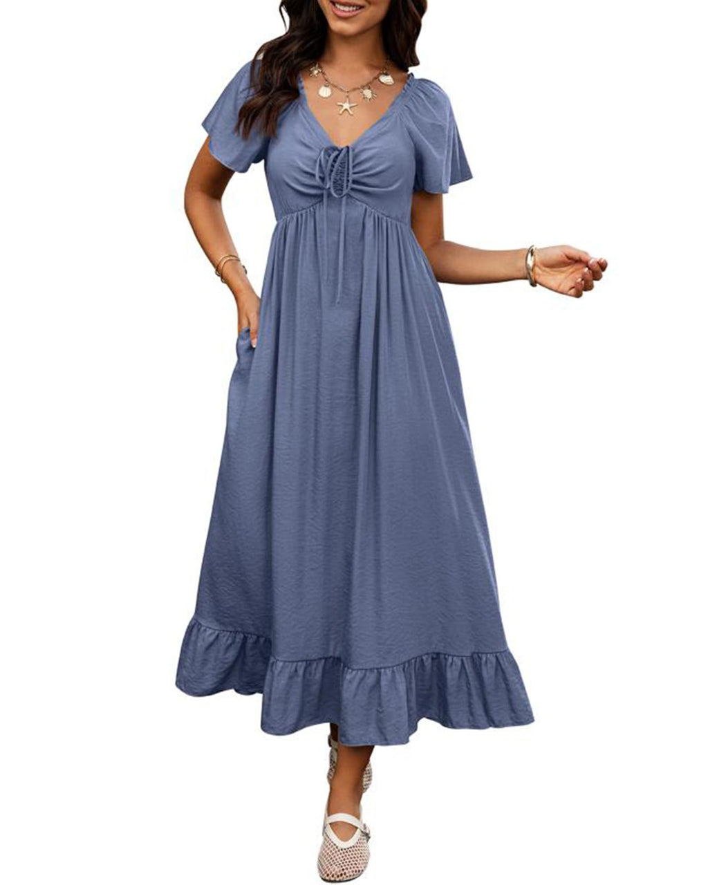 BTFBM Womens Spring Dresses Casual Short Sleeve V Neck Drawstring Wedding Guest Maxi Dresses Boho Beach Long Dress