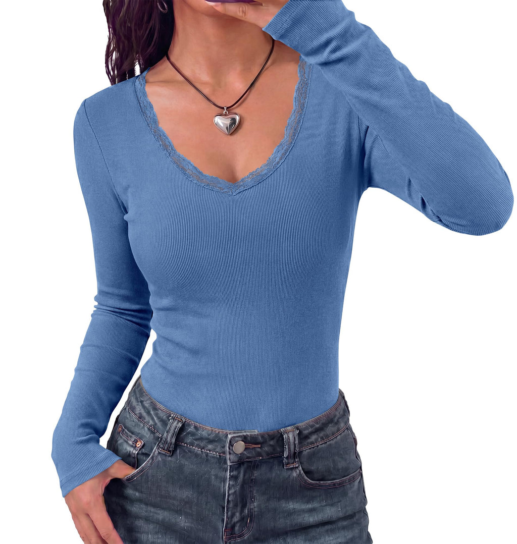 BTFBM Lace Deep V Neck Fitted Long Sleeve Shirts for Women | Womens Fall Fashion, Casual T Shirt, Base Layer, Basic Undershirts, Slim Fit Going Out Tops, Date Night Out Outfits