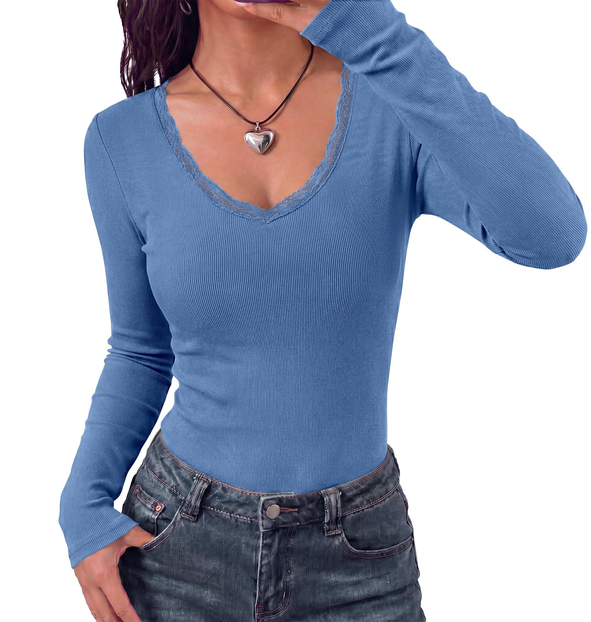 BTFBM Lace Deep V Neck Fitted Long Sleeve Shirts for Women | Womens Fall Fashion, Casual T Shirt, Base Layer, Basic Undershirts, Slim Fit Going Out Tops, Date Night Out Outfits