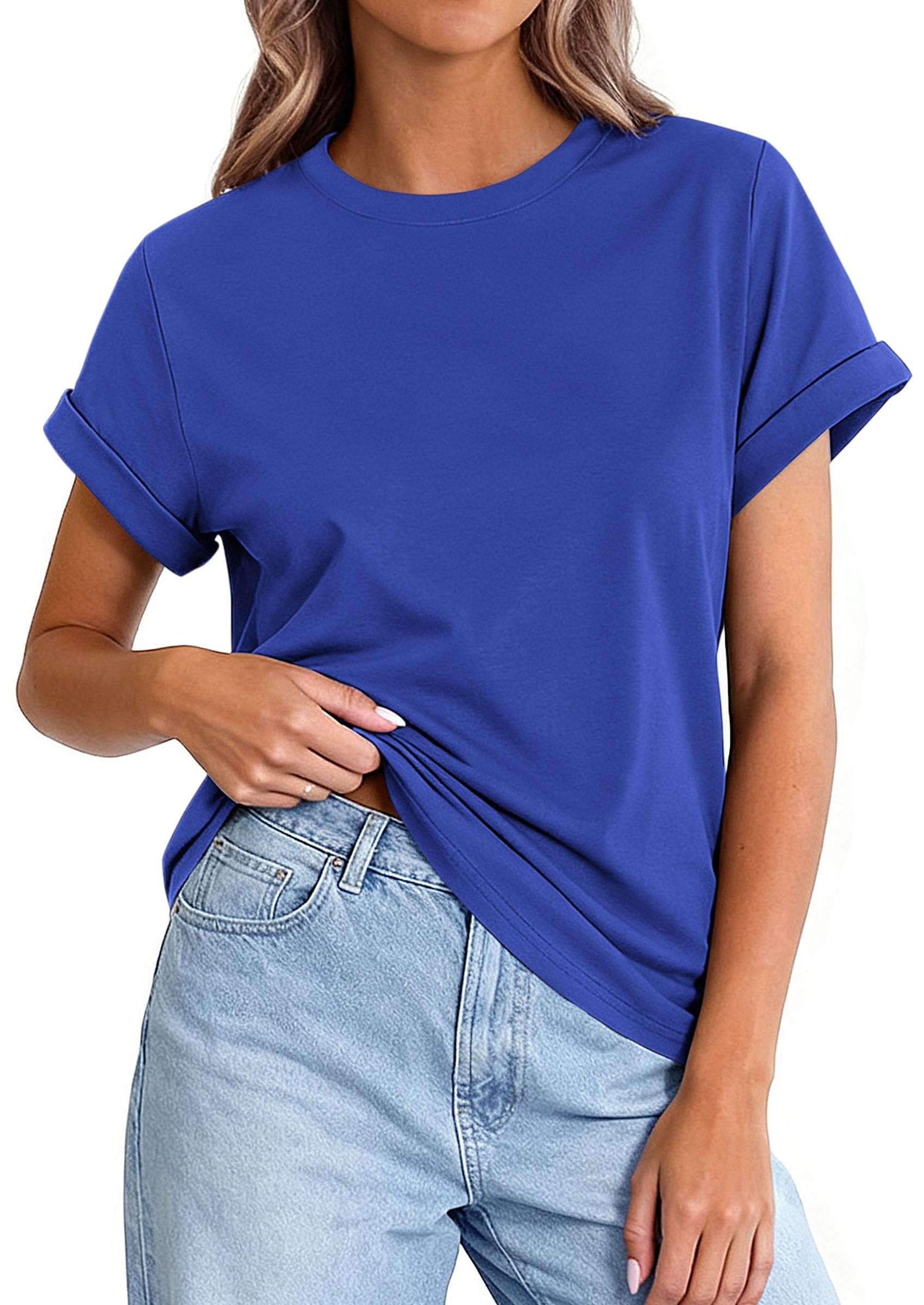 PRETTYGARDEN Womens Summer Tops Spring Casual Rolled Short Sleeve Basic Tees Crew Neck Work Shirts Fashion Clothing