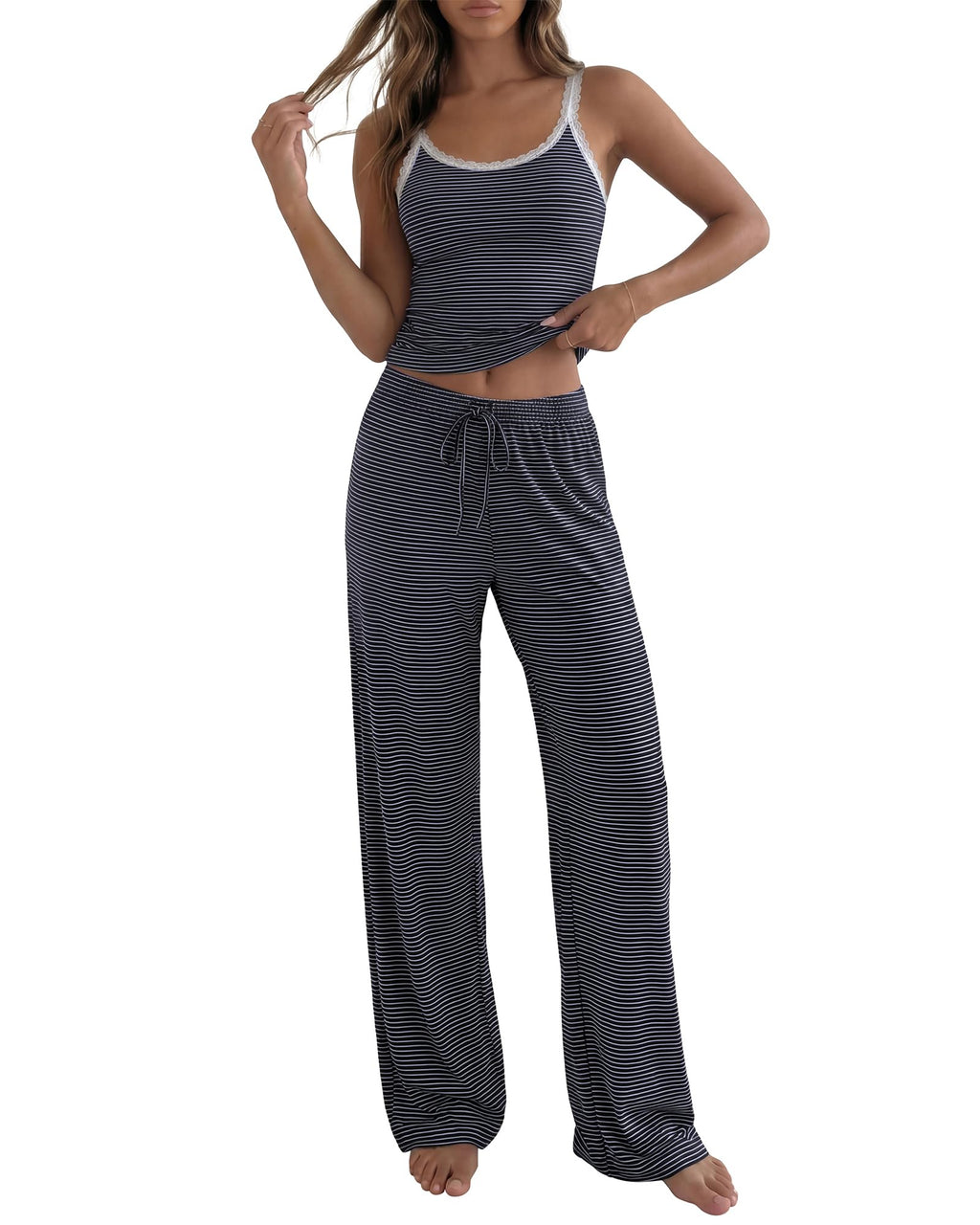 BTFBM Lounge Sets For Women Striped 2 Piece Pajama Sets Spaghetti Strap Tops Wide Leg Pants Beach Vacation Outfits