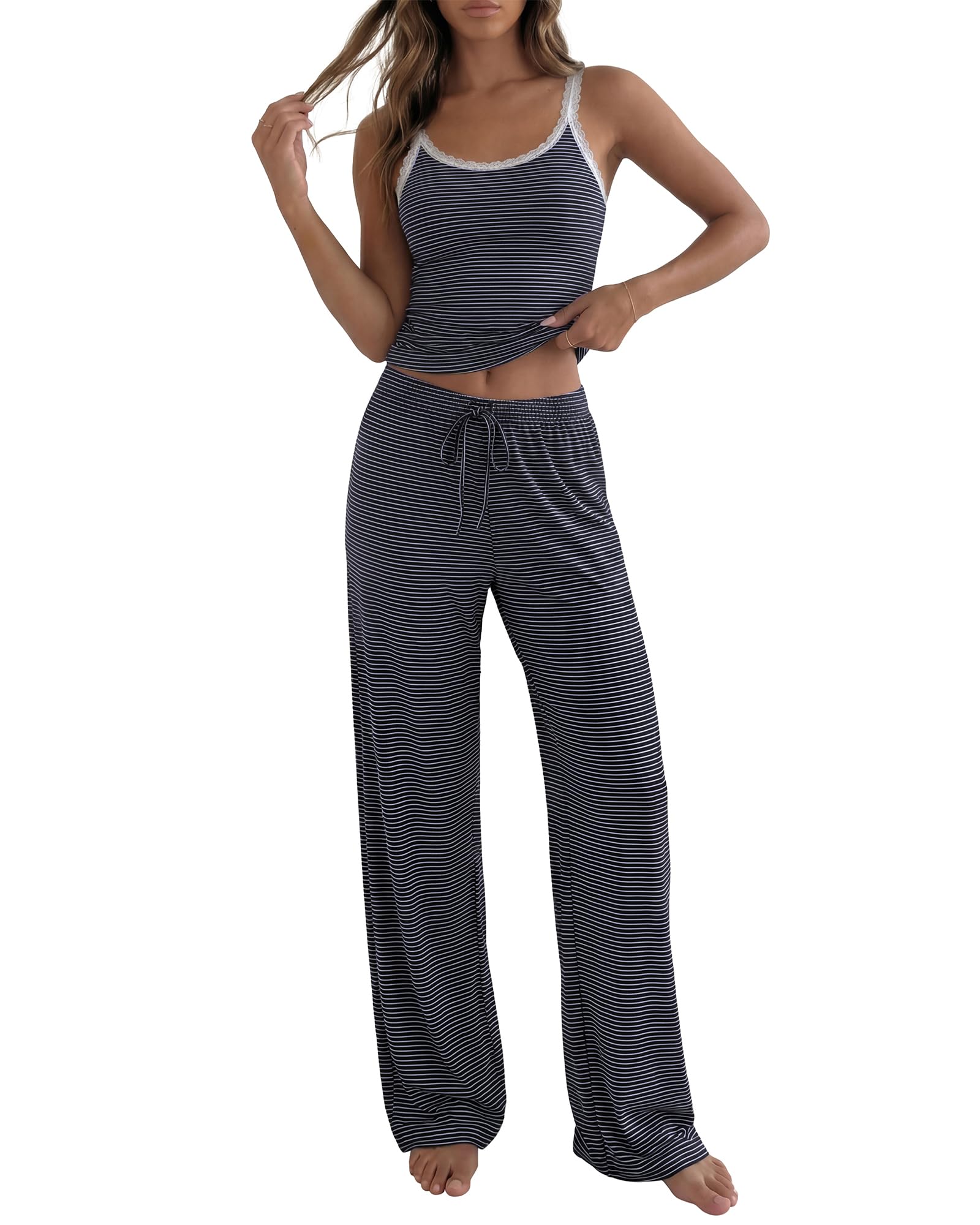 BTFBM Lounge Sets For Women Striped 2 Piece Pajama Sets Spaghetti Strap Tops Wide Leg Pants Beach Vacation Outfits