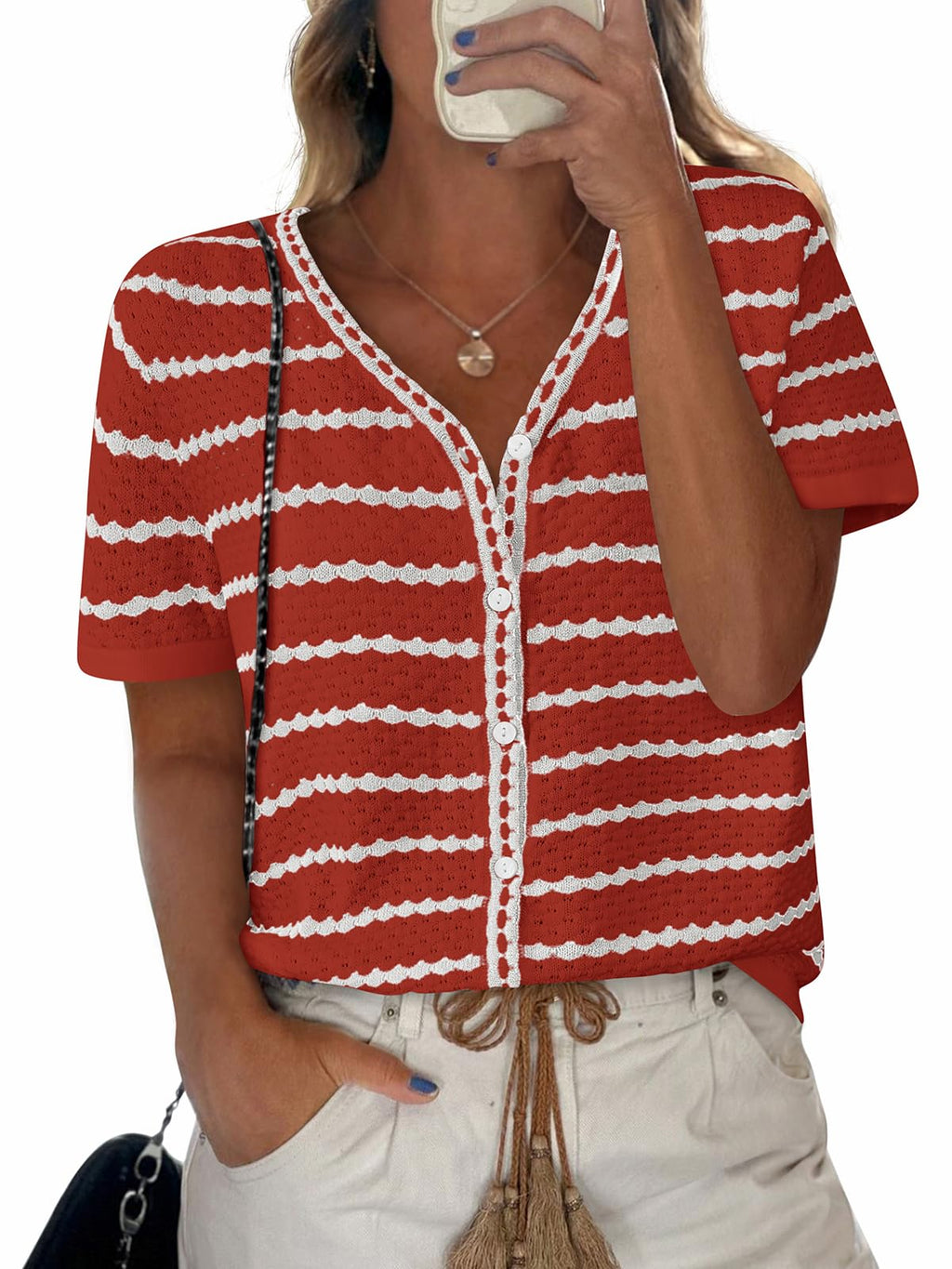 FreshPretty Women's Short Sleeve Sweater Spring Summer Crochet Knit Tops V Neck Striped Button Down Dressy Casual Blouses