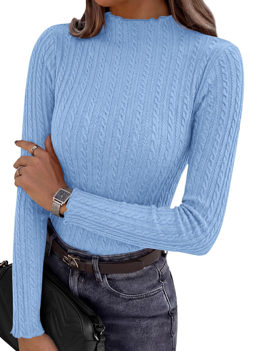 PRETTYGARDEN Women's Fall Long Sleeve Fitted Shirts | Comfy Stretchy Cable Knit, Trendy Lettuce Trim Mock Neck, Casual Basic Tees, Cute Layering Tops, 2026 Fashion Clothing