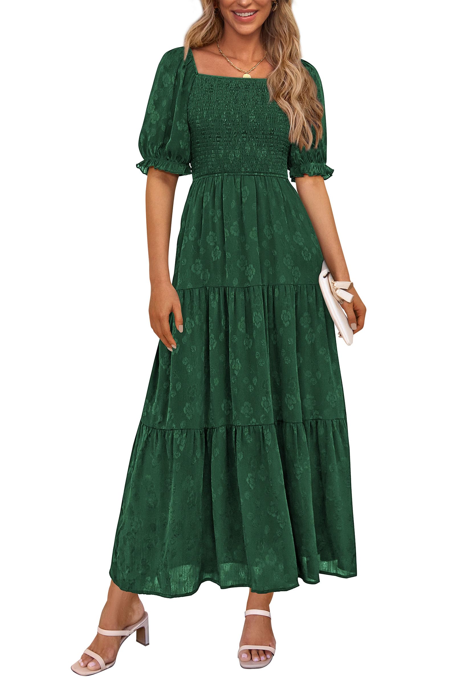 PRETTYGARDEN Women's Summer Casual Midi Dresses Square Neck Short Sleeve Smocked A Line Floral Flowy Elegant Boho Dress