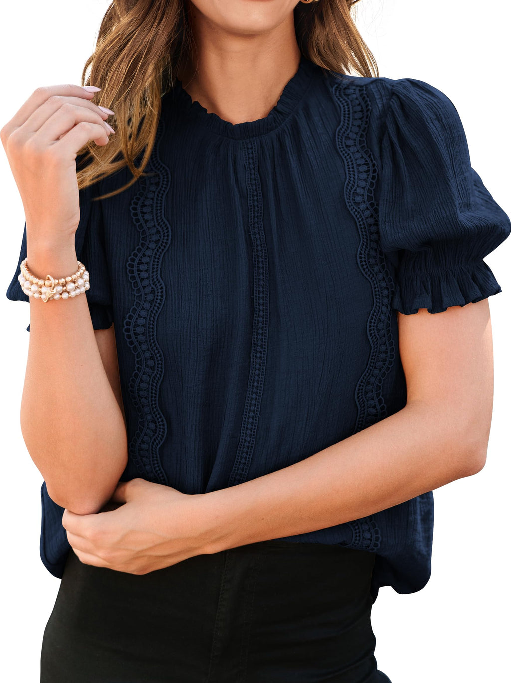 PRETTYGARDEN Womens Summer Tops Trendy Mock Neck Puff Sleeve Blouse Dressy Casual Business Western Shirts Spring Clothes
