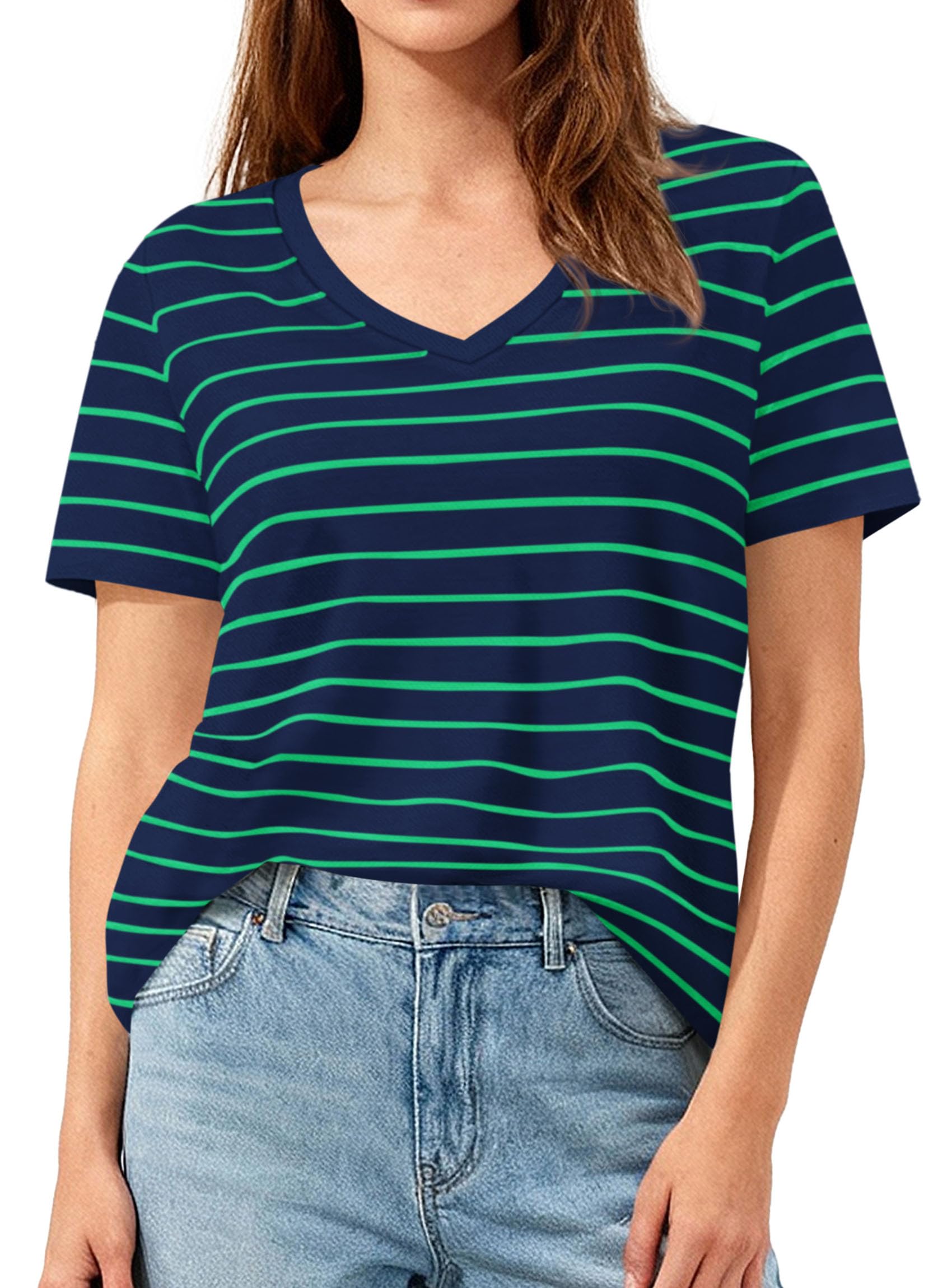PRETTYGARDEN Short Sleeve Shirts for Women Spring V Neck Cute Tops Casual Striped Shirt Knitted Tees Summer Outfits