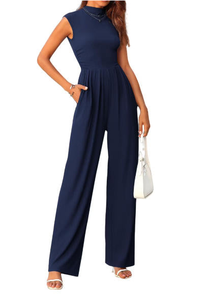 FreshPretty Womens Jumpsuit Dressy Casual Summer Outfits One Piece Cap Sleeve Mock Neck Wide Leg Pants Rompers with Pockets