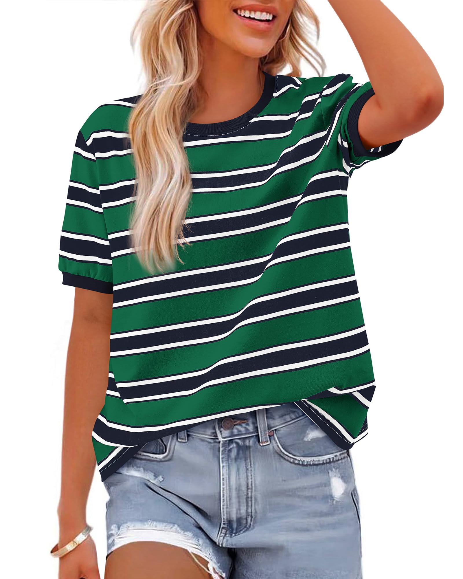 BTFBM Summer Tops for Women Crewneck Short Sleeve Striped T Shirts Casual Spring Clothes Color Block Basic Tee Blouses