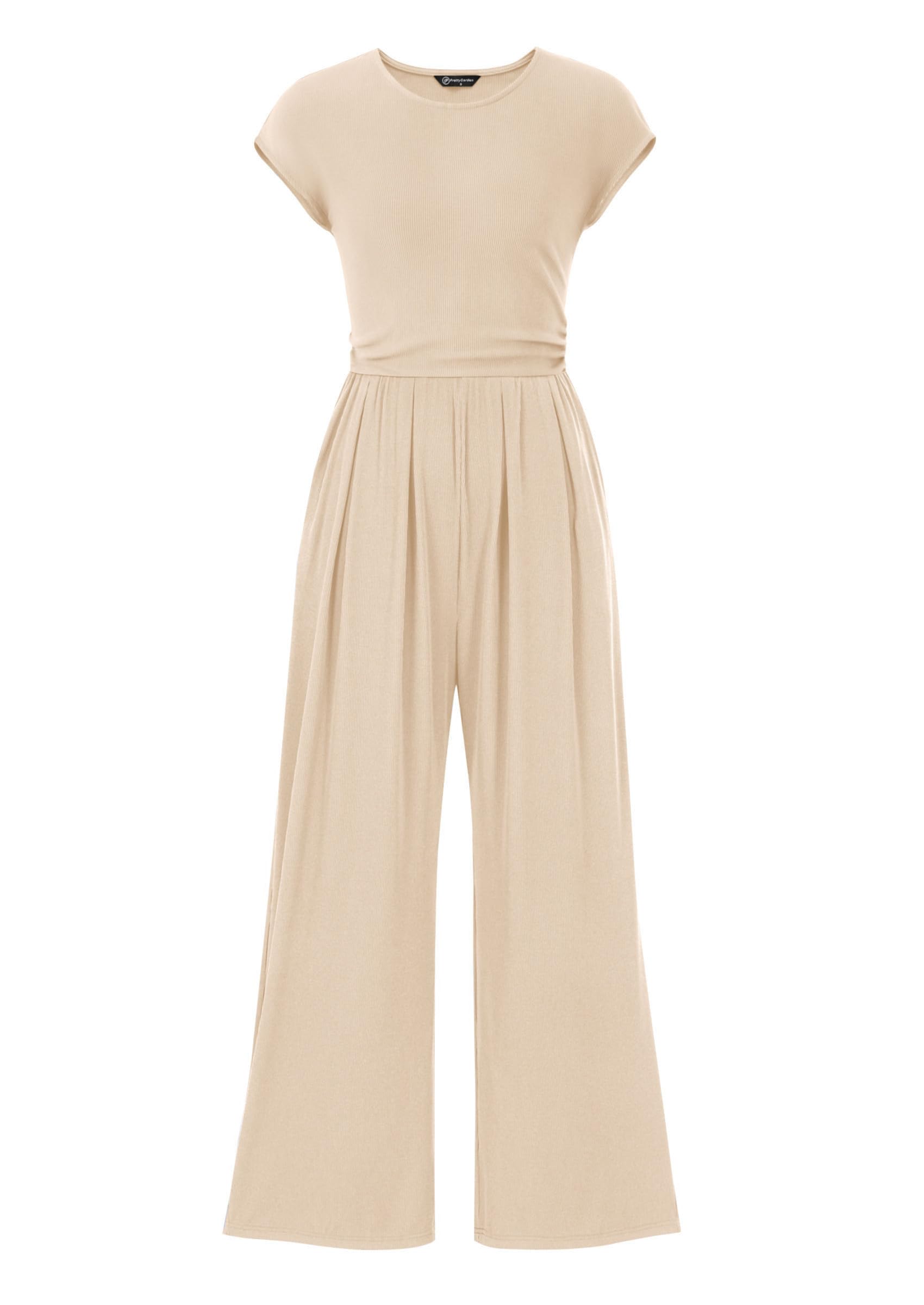 PRETTYGARDEN Summer Jumpsuits for Women Dressy Ribbed Cap Sleeve Wide Leg Pants Rompers Elegant Casual One Piece Outfits
