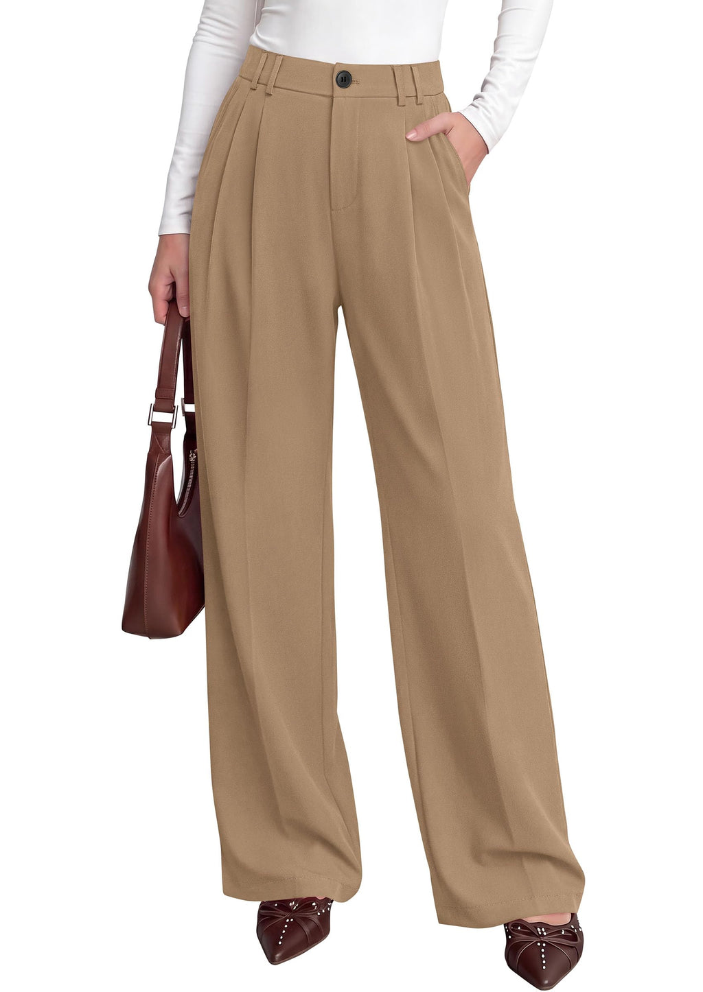 PRETTYGARDEN Women's Dress Pants Wide Leg Flowy Trousers High Waisted Palazzo Pants, Pleated Front, Side Pockets, Work Office Wear, Business Casual Outfits, Fall Fashion Clothing