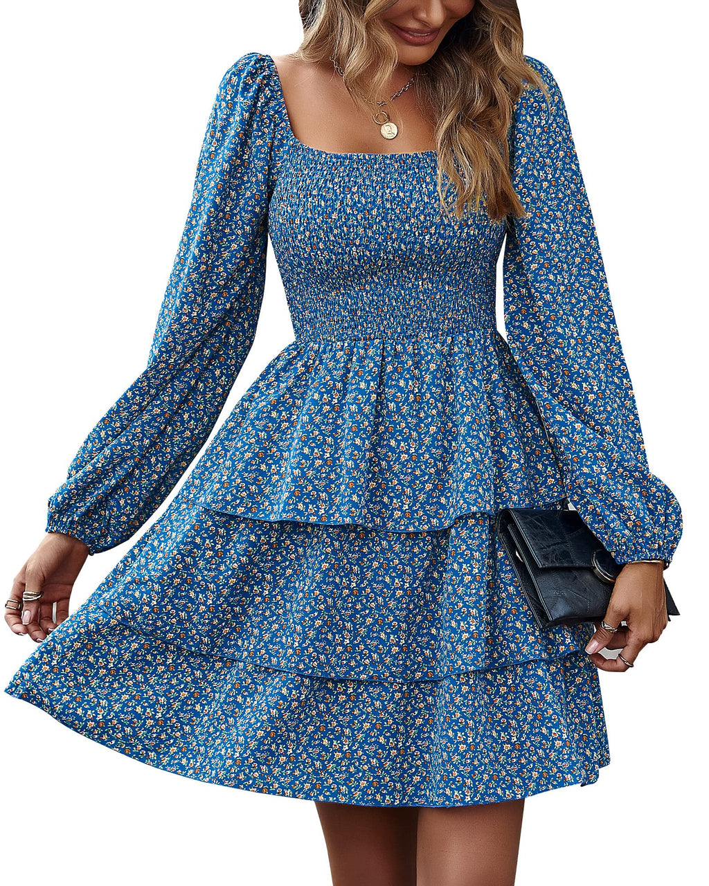 BTFBM Womens Long Sleeve Dress Summer Vacation Square Neck Smocked Floral Mini Boho Spring Wedding Guest Dresses