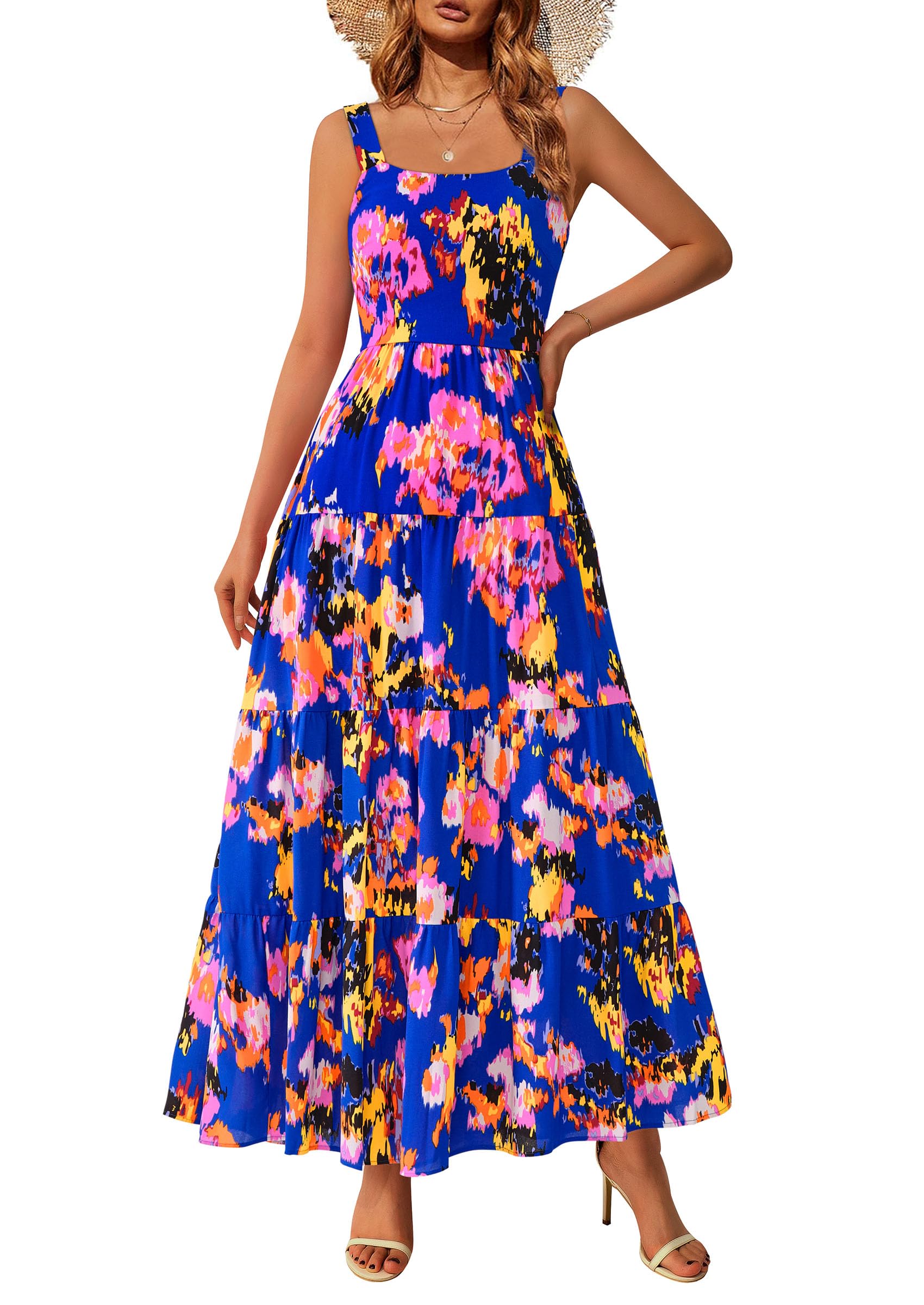 PRETTYGARDEN Women's Summer Floral Maxi Dress Sleeveless Smocked Ruffle Long Flowy Beach Vacation Boho Sundresses