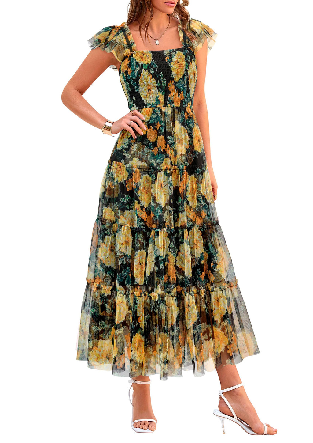 PRETTYGARDEN Women's Summer Tulle Midi Dress Sleeveless Smocked Ruffle Flowy Mesh Dresses Party Wedding Guest Sundress