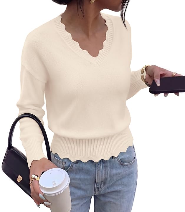 BTFBM Fall Long Sleeve Sweaters for Women | V Neck,Drop Shoulders,Scallop Edges,Lightweight Knit Sweaters Top,Daily Wear,Holiday,Christmas,Winter Clothing