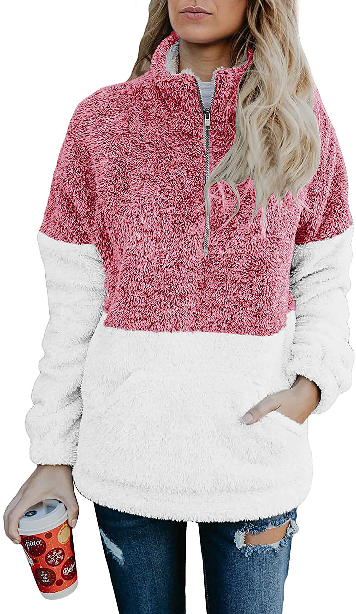 BTFBM Womens Sweatshirt Sherpa Quarter Zip Pullover Fall Winter Long Sleeve Fleece Sweaters Hoodies Sweatshirts Clothes