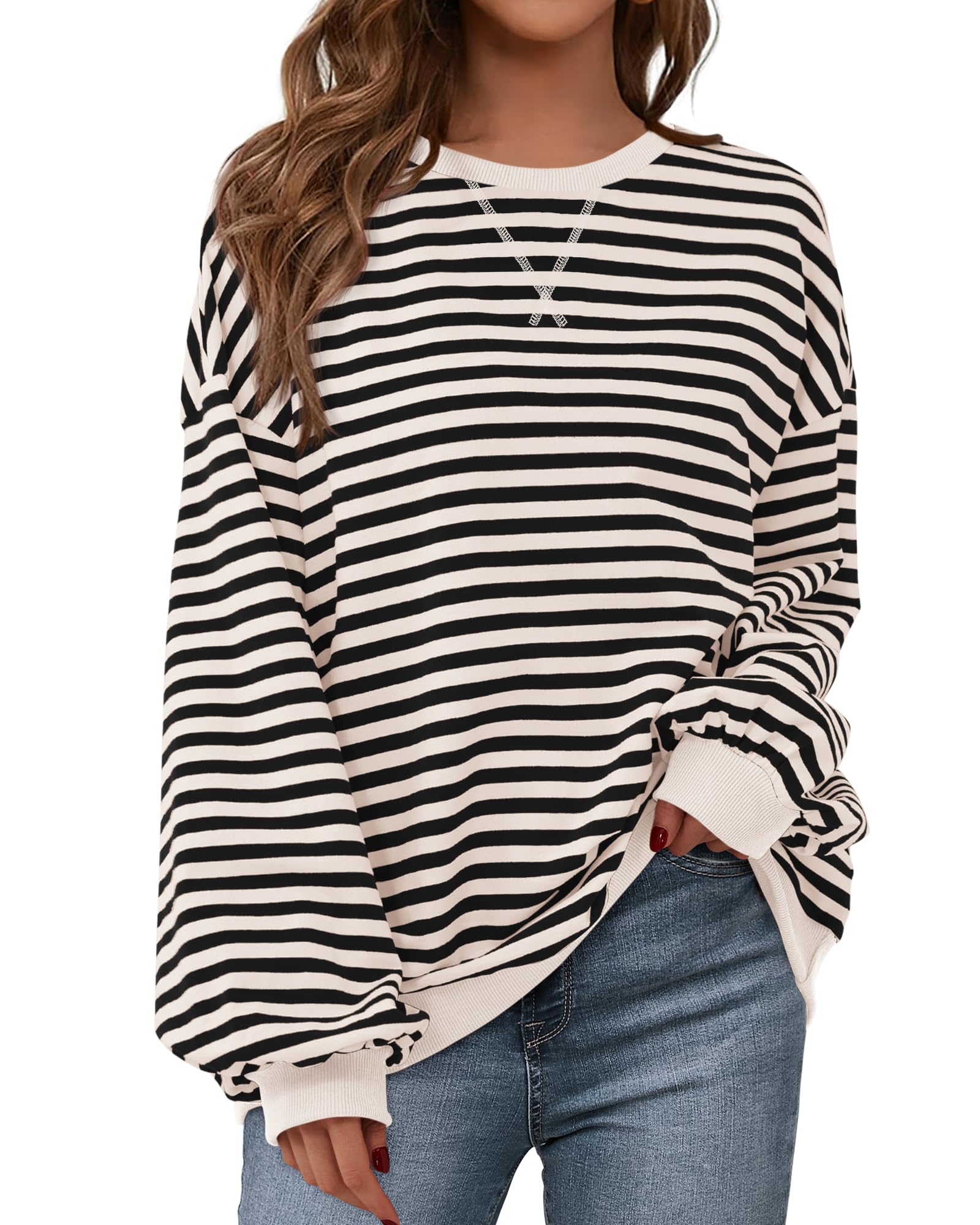 BTFBM Sweatshirt For Women Summer Crewneck Long Sleeve Oversized Striped Pullover Tops Y2K Clothes Workout Shirt
