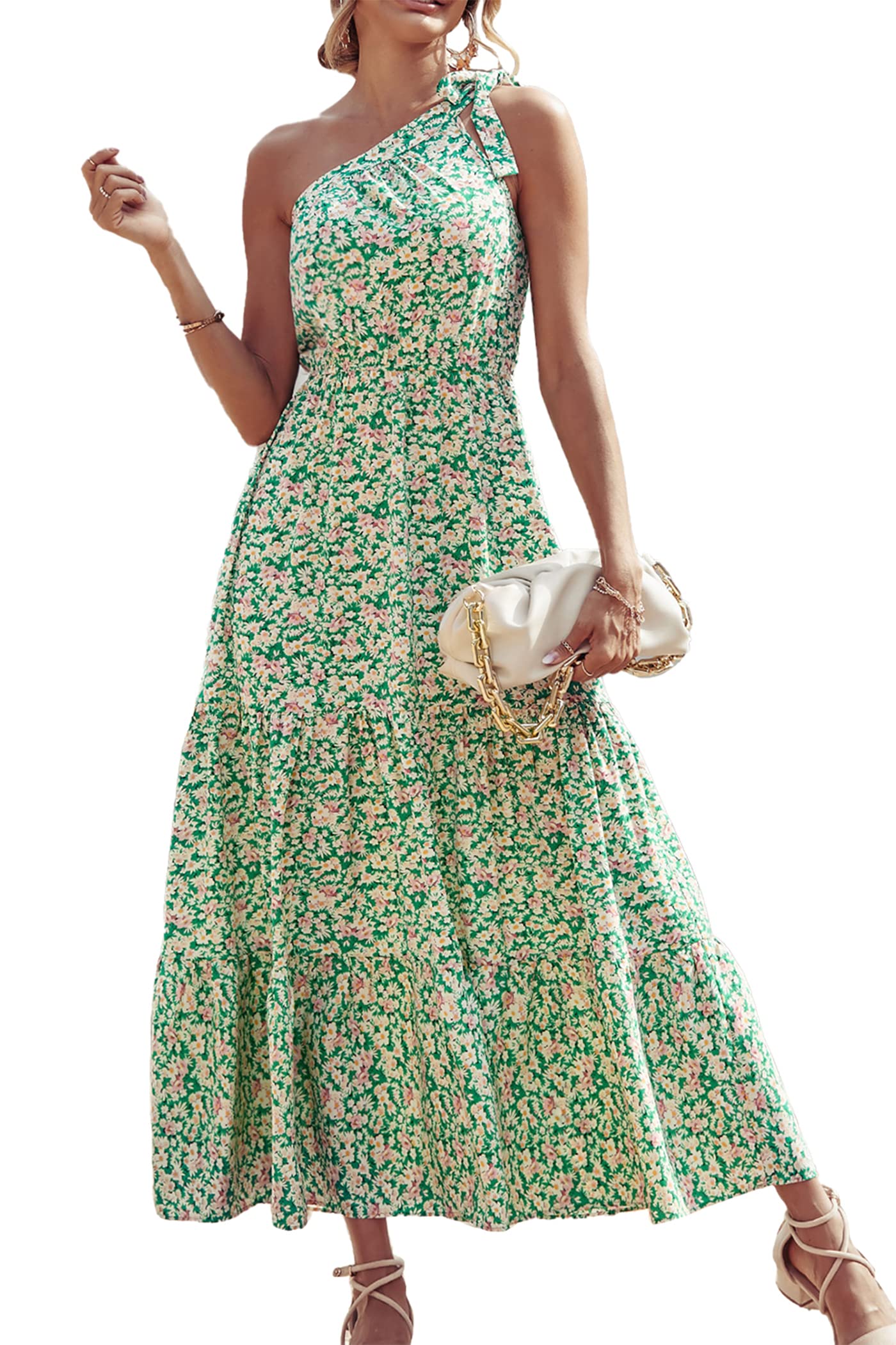 PRETTYGARDEN Women's Summer Floral One Shoulder Maxi Dress Knot Ruffle Boho Beach Vacation Wedding Guest Long Sun Dresses
