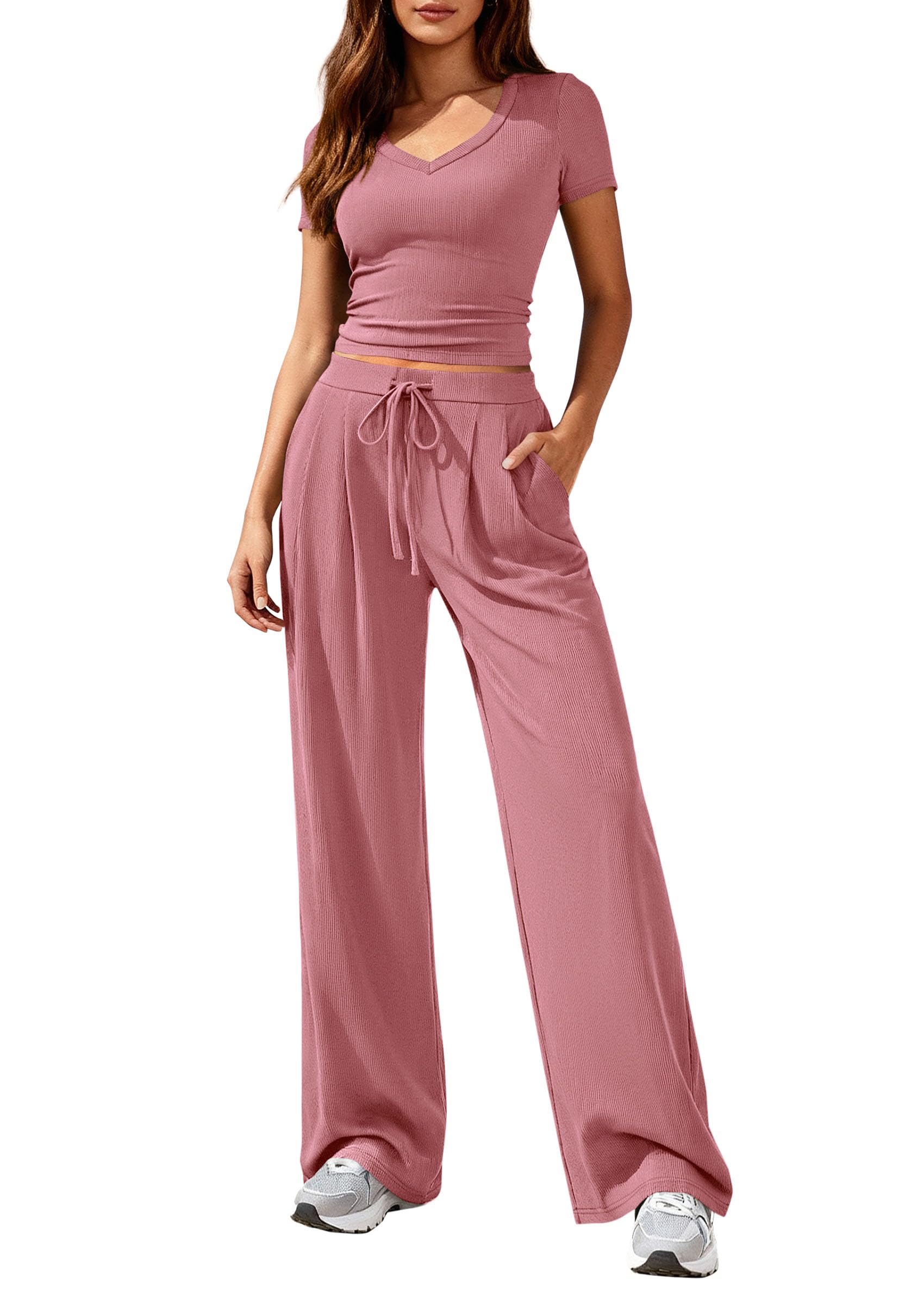 PRETTYGARDEN 2 Piece Sets for Women Summer Spring Lounge Set Matching V Neck Tops Wide Leg Pants Airport Travel Outfits