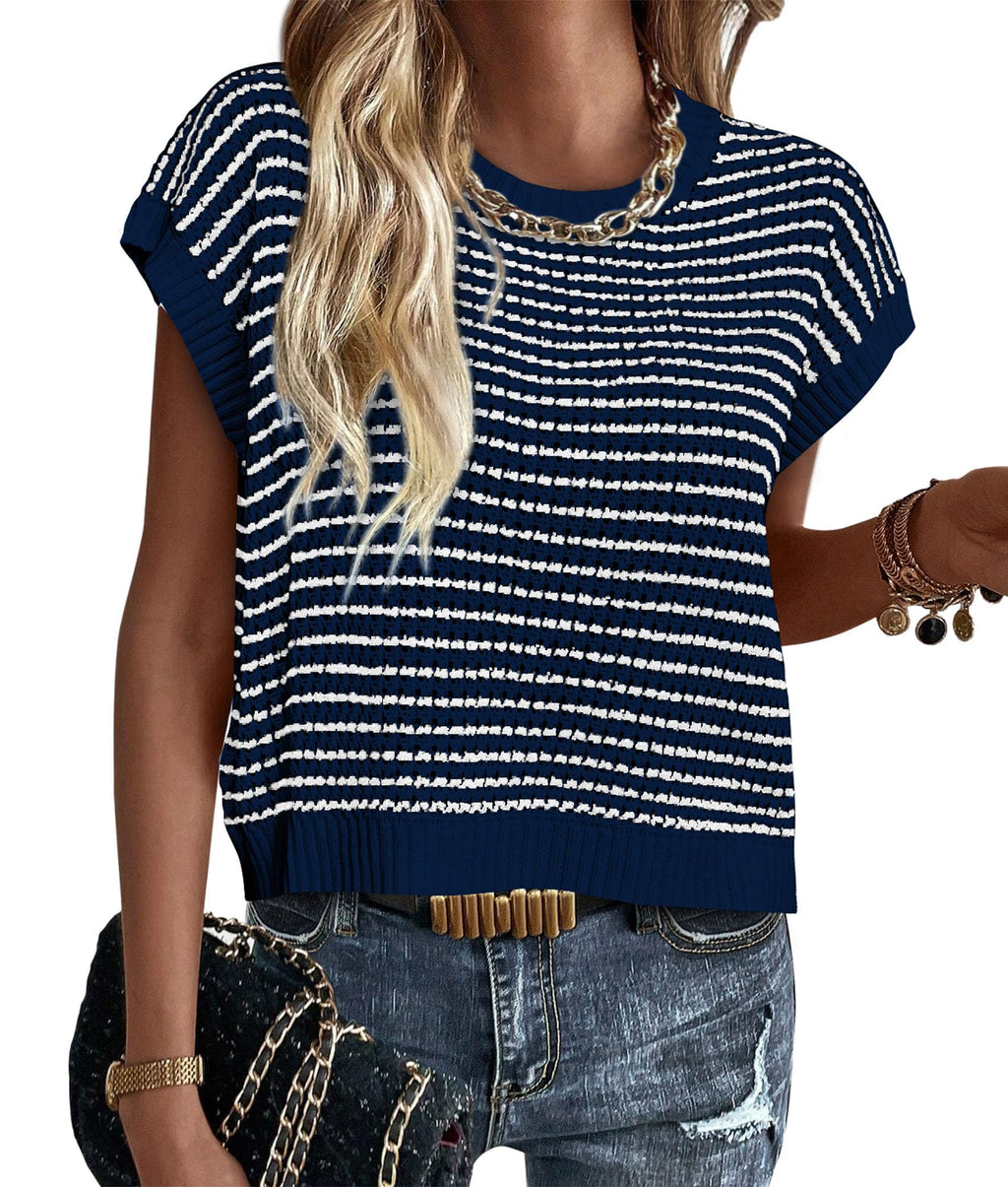 PRETTYGARDEN Womens Short Sleeve Sweater Spring Summer Round Neck Striped Pullover Cap Sleeve Knit Sweater Vest Tops