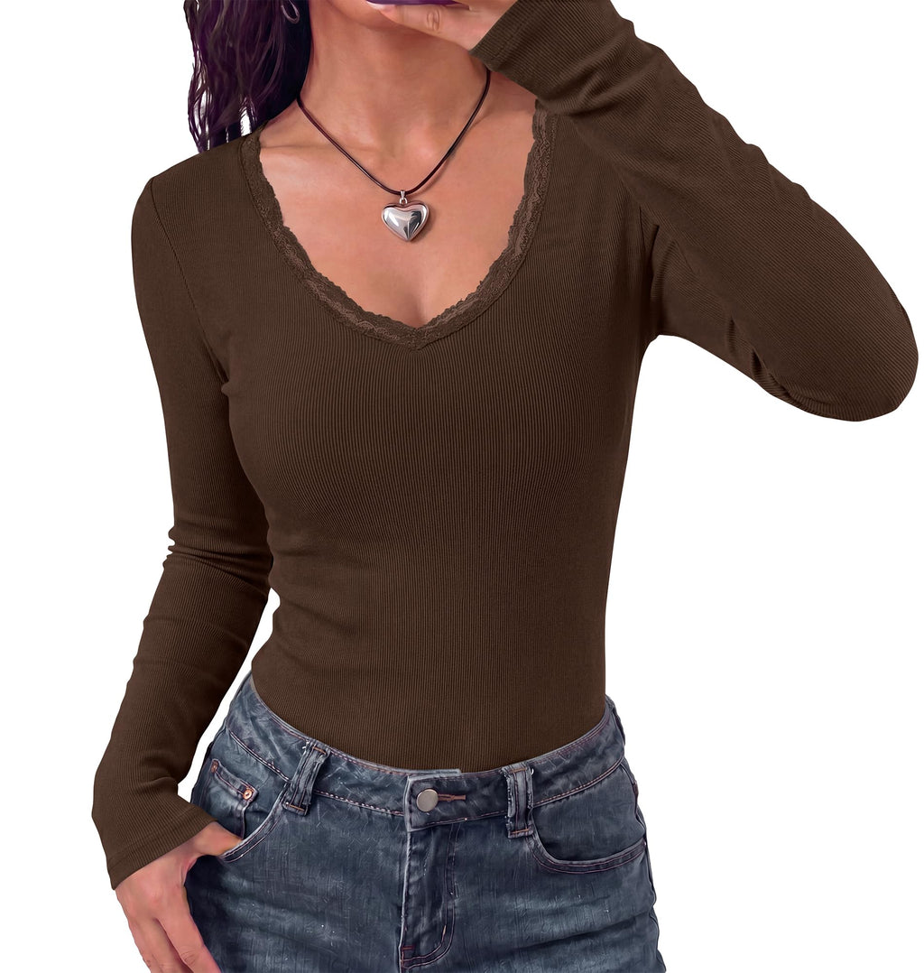 BTFBM Lace Deep V Neck Fitted Long Sleeve Shirts for Women | Womens Fall Fashion, Casual T Shirt, Base Layer, Basic Undershirts, Slim Fit Going Out Tops, Date Night Out Outfits