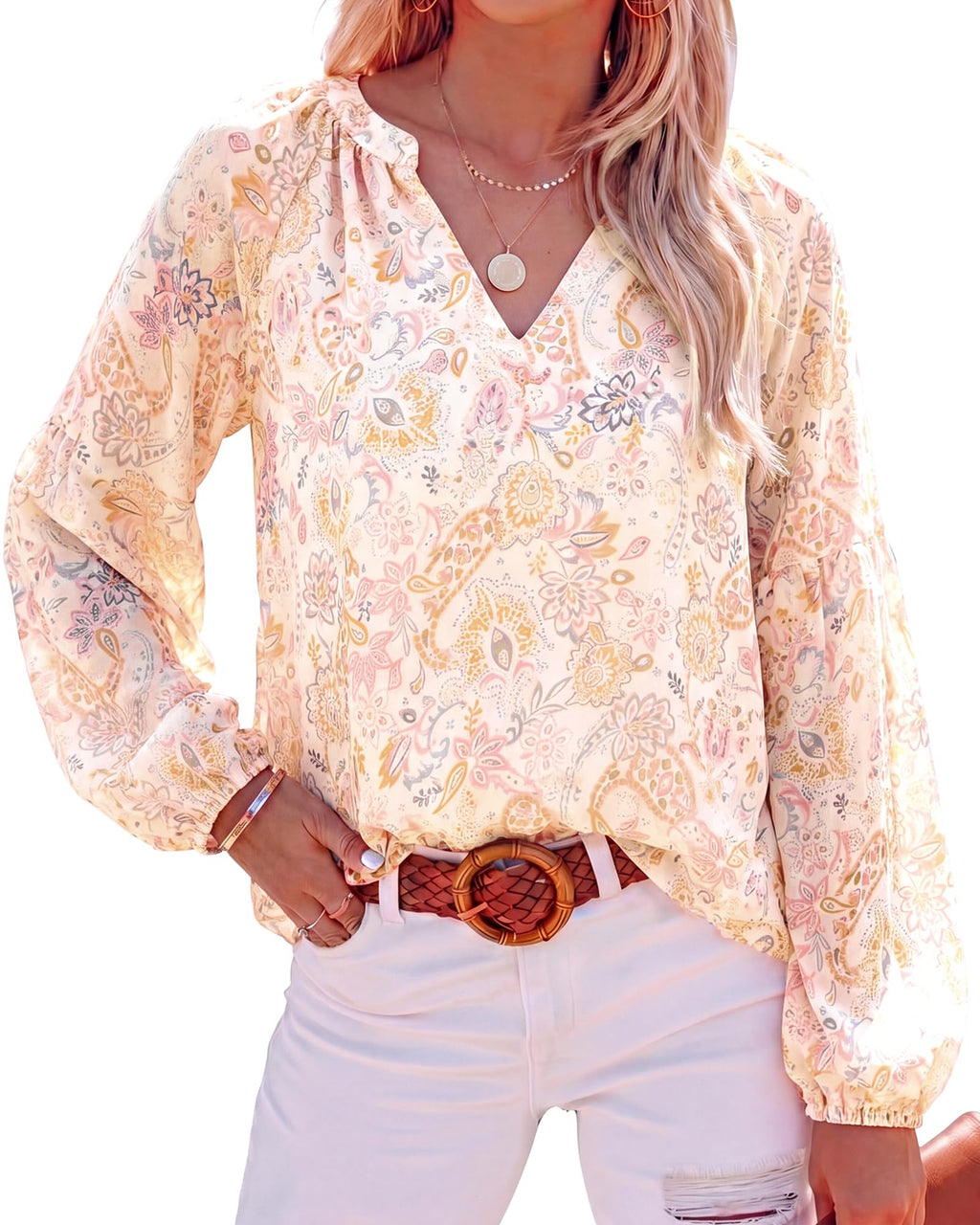BTFBM Blouses for Women Dressy Casual Floral Summer Boho Tops V Neck Lightweight Long Sleeve Shirts Spring Clothes