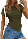 PRETTYGARDEN Womens Short Sleeve Crew Neck Trendy Shirts Spring Summer Y2K Going Out Tops Asymmetrical Ruched Blouse