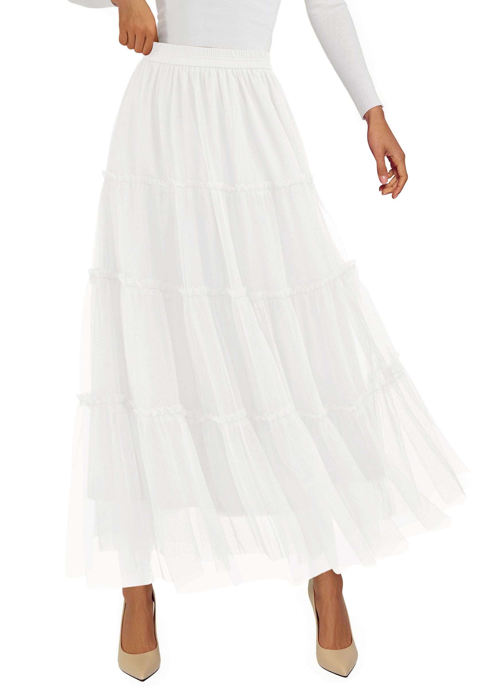 PRETTYGARDEN Tulle Skirts for Women Fall Fashion Elastic High Waisted Fairy Tiered Flowy A-Line Casual Maxi Long Skirt