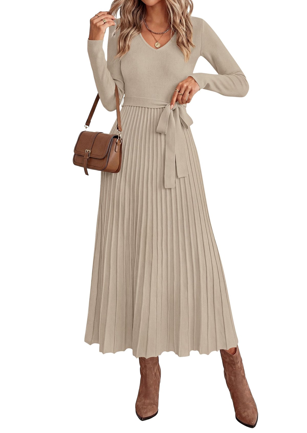 PRETTYGARDEN Womens Fall Maxi Long Sleeve Sweater Dress Soft Stretchy Knit, V Neck A Line Dresses with Bow, Flowy Pleated Hem, Cocktail Party Outfits, Trendy Winter Clothes