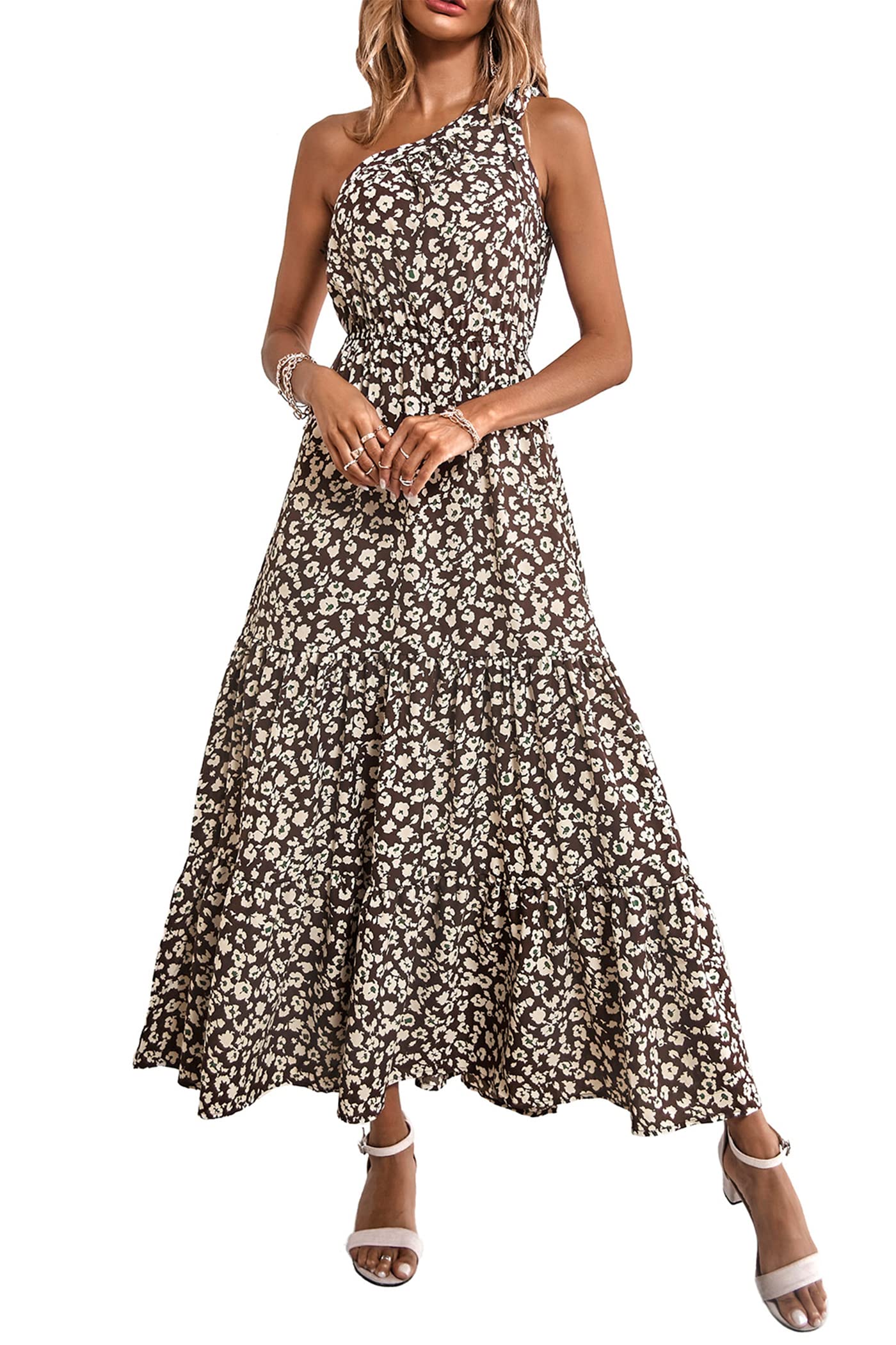 PRETTYGARDEN Women's Summer Floral One Shoulder Maxi Dress Knot Ruffle Boho Beach Vacation Wedding Guest Long Sun Dresses
