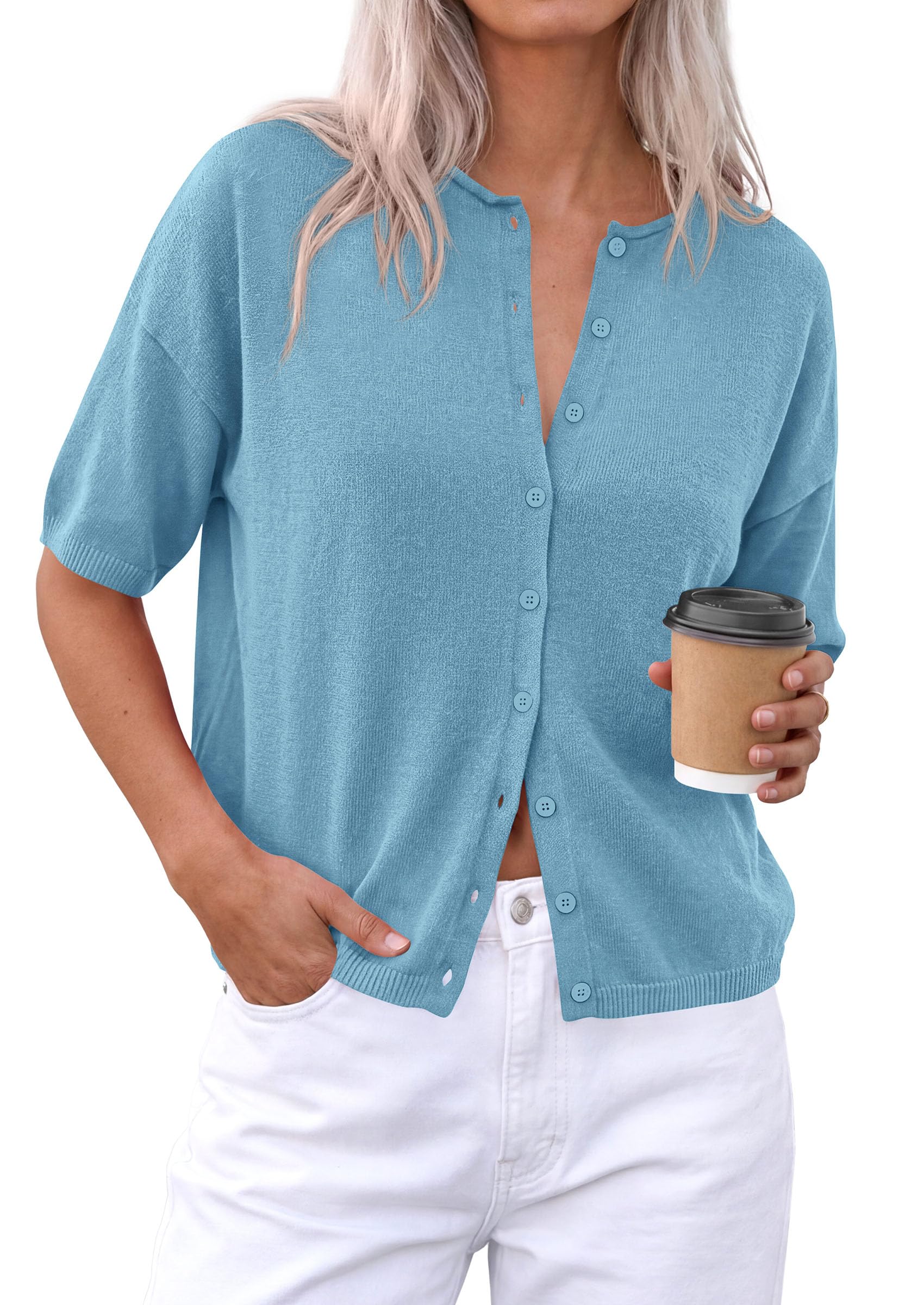 PRETTYGARDEN Women Spring Short Sleeve Cardigan Sweaters Button Down Knit Shirt Blouse Dressy Casual Tops Summer Outfits