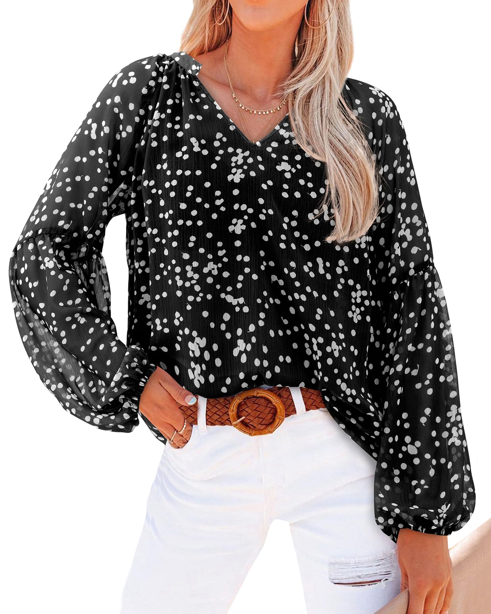 BTFBM Blouses for Women Dressy Casual Floral Summer Boho Tops V Neck Lightweight Long Sleeve Shirts Spring Clothes