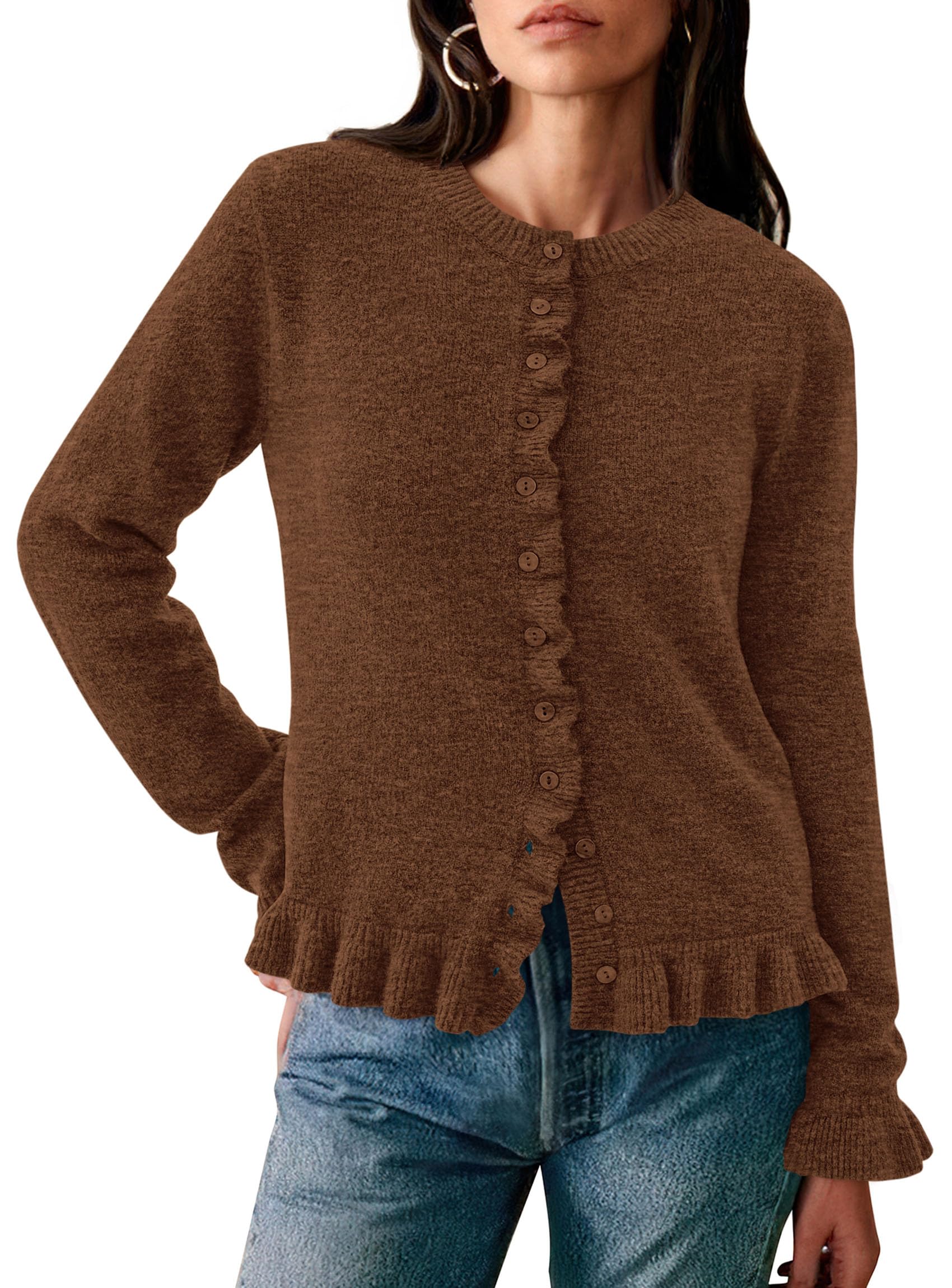 PRETTYGARDEN Womens Fall Button Down Cardigans Chunky Knit Ruffle Open Front Cropped Cardigan Sweaters Soft Long Sleeve Tops