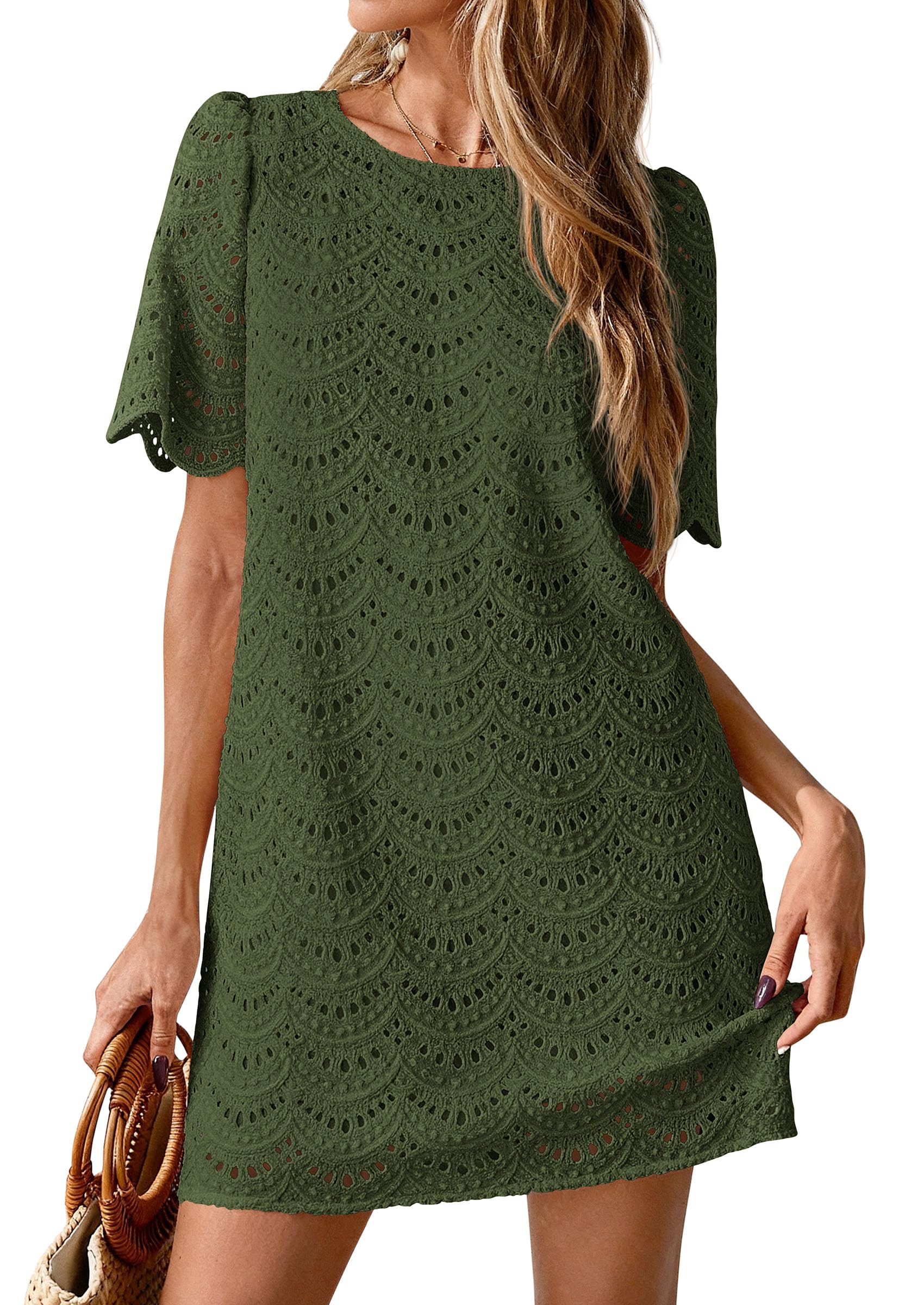 PRETTYGARDEN Women's Summer Casual Short Dresses Embroidered Lace Short Sleeve Boho Mini Dress Beach Vacation Clothes