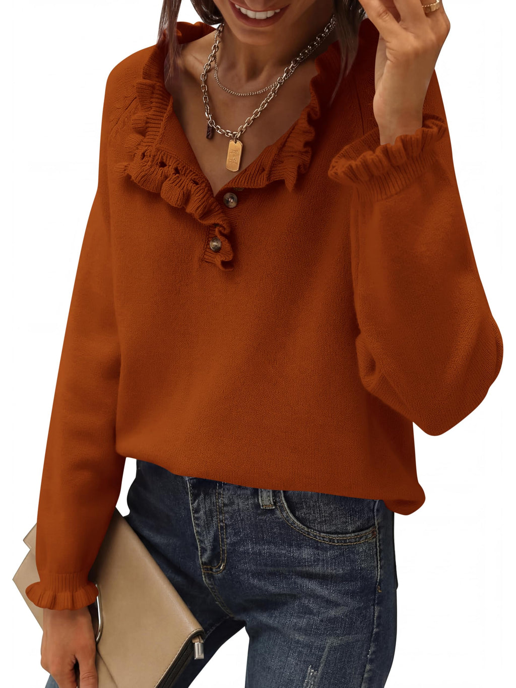 BTFBM Womens Sweaters Fall Winter Clothes Long Sleeve Button Down Ruffle Crew Neck Casual Knitted Pullover Tops