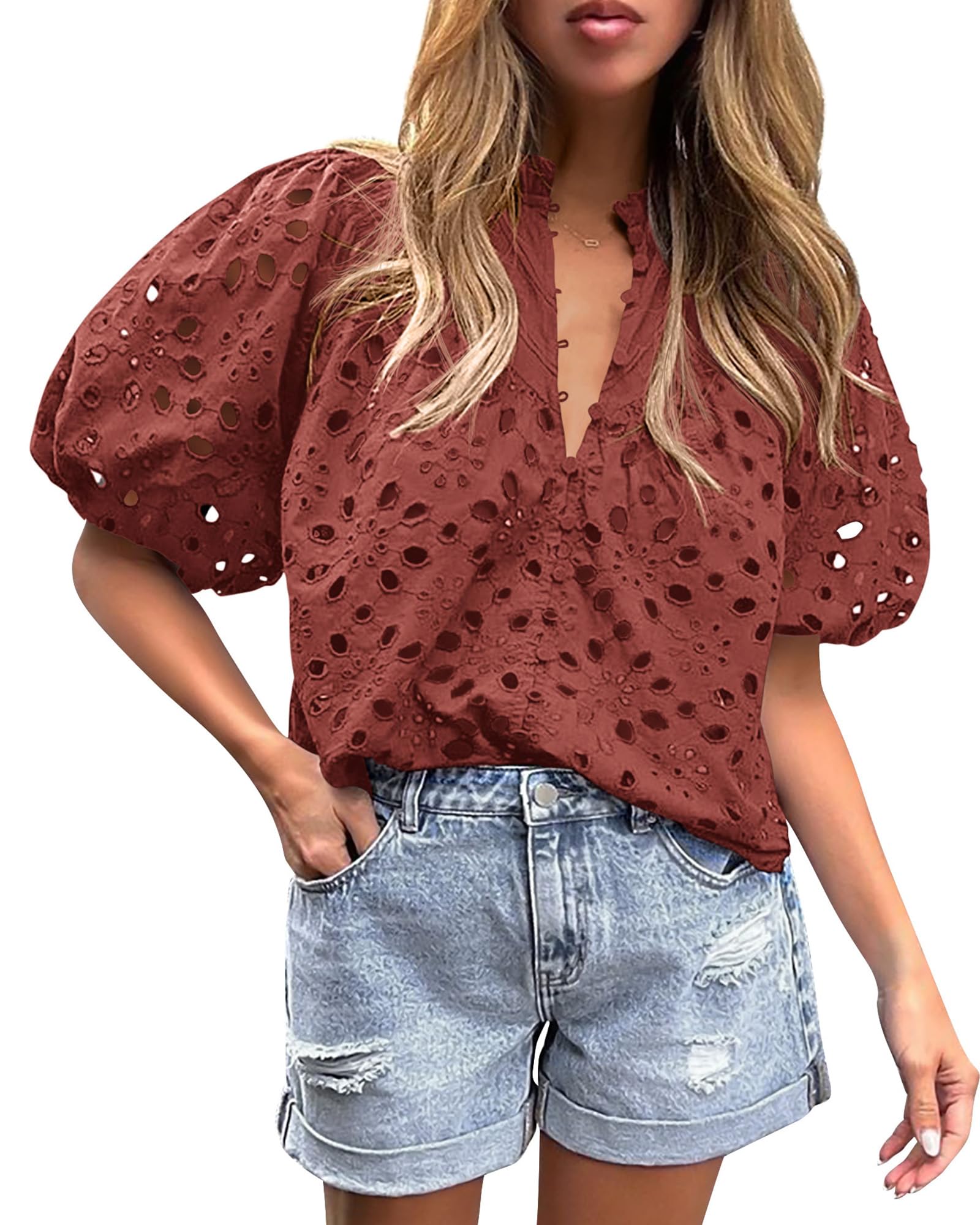 PRETTYGARDEN Women's Summer Tops Dressy Casual Short Sleeve V Neck Buttons Hollow Out Lace Embroidered Blouses Shirts