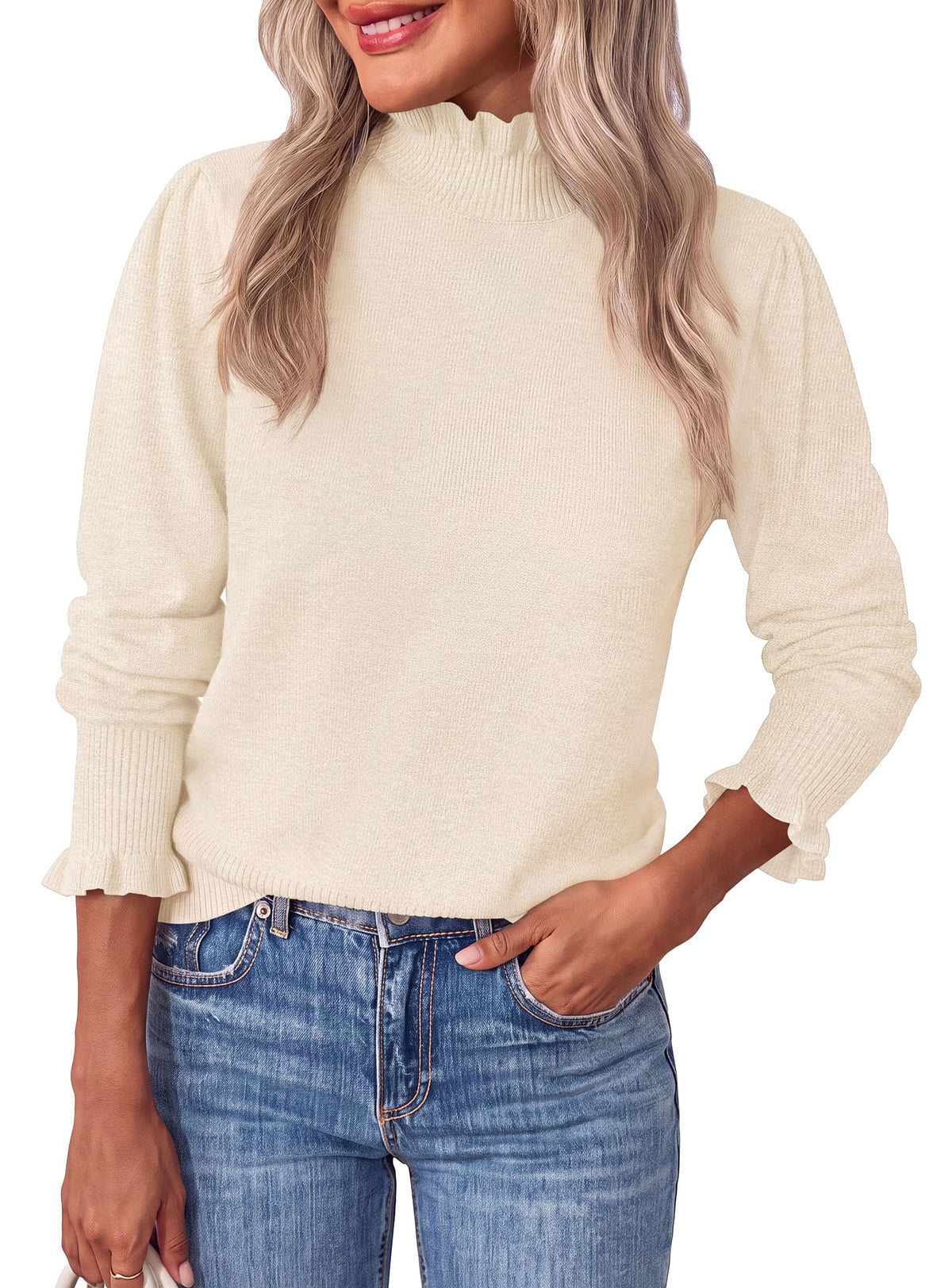 PRETTYGARDEN Women's Fall Cozy Sweaters Trendy Ruffle Mock Neck Pullover Soft Stretchy Warm, Ribbed Knit, Cute Tops, Puff Long Sleeve Blouses, Dressy Casual Shirts,Winter Clothing