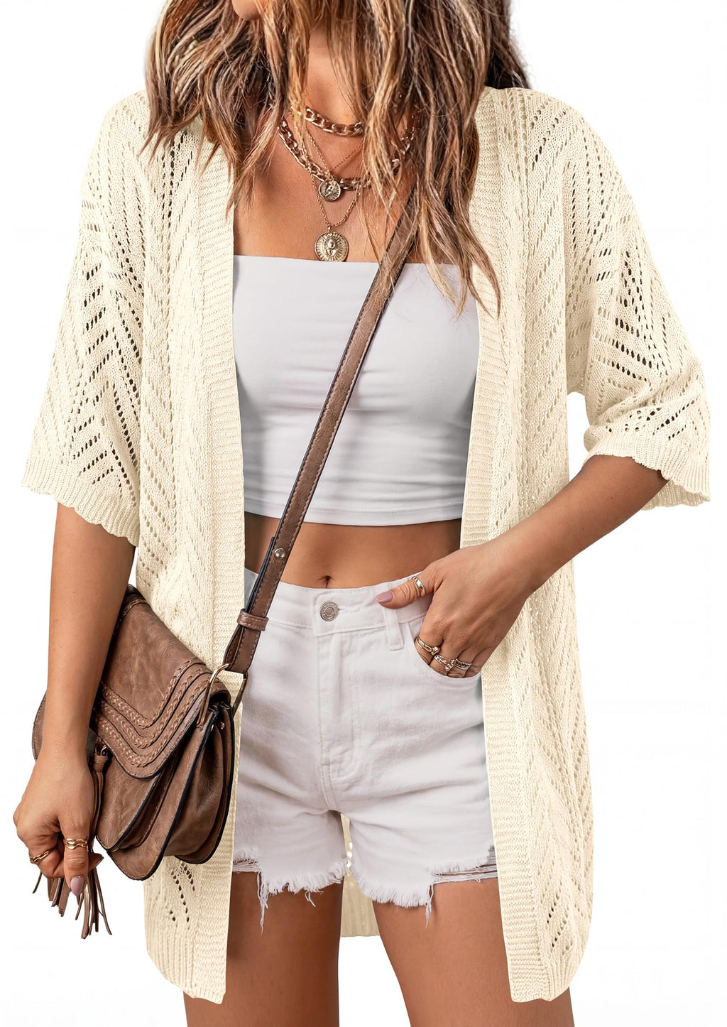 PRETTYGARDEN Women's Lightweight Summer Cardigans Short Sleeve Knit Crochet Coverups Spring Boho Beach Vacation Clothes