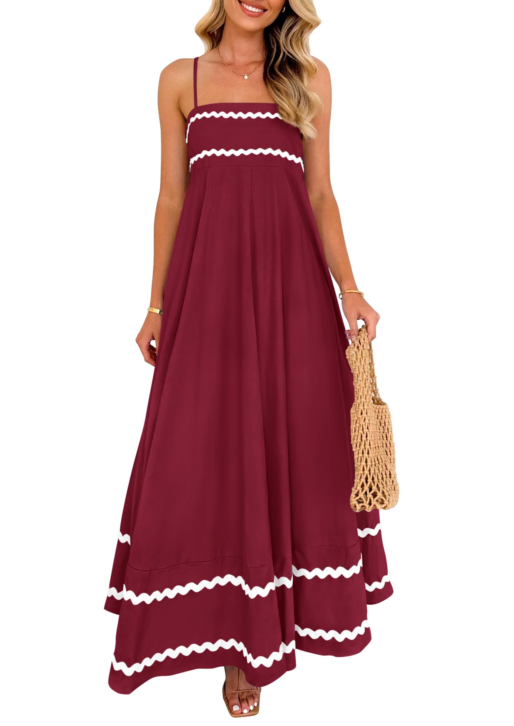 PRETTYGARDEN Women's Summer Flowy Maxi Dress Casual Sleeveless Spaghetti Strap Ruffle Beach Long Dresses
