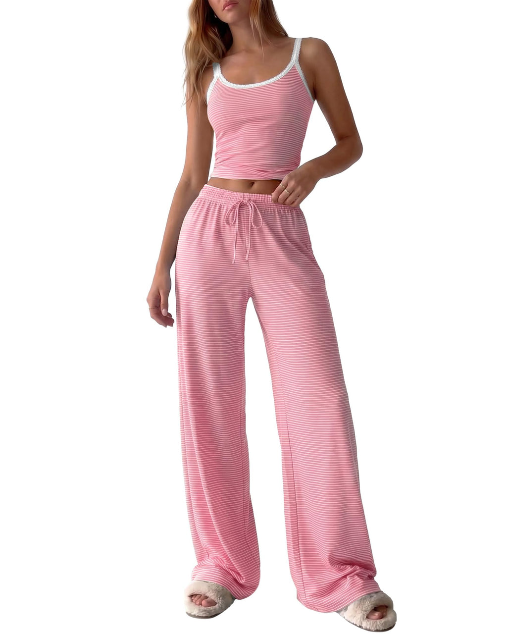 BTFBM Lounge Sets For Women Striped 2 Piece Pajama Sets Spaghetti Strap Tops Wide Leg Pants Beach Vacation Outfits