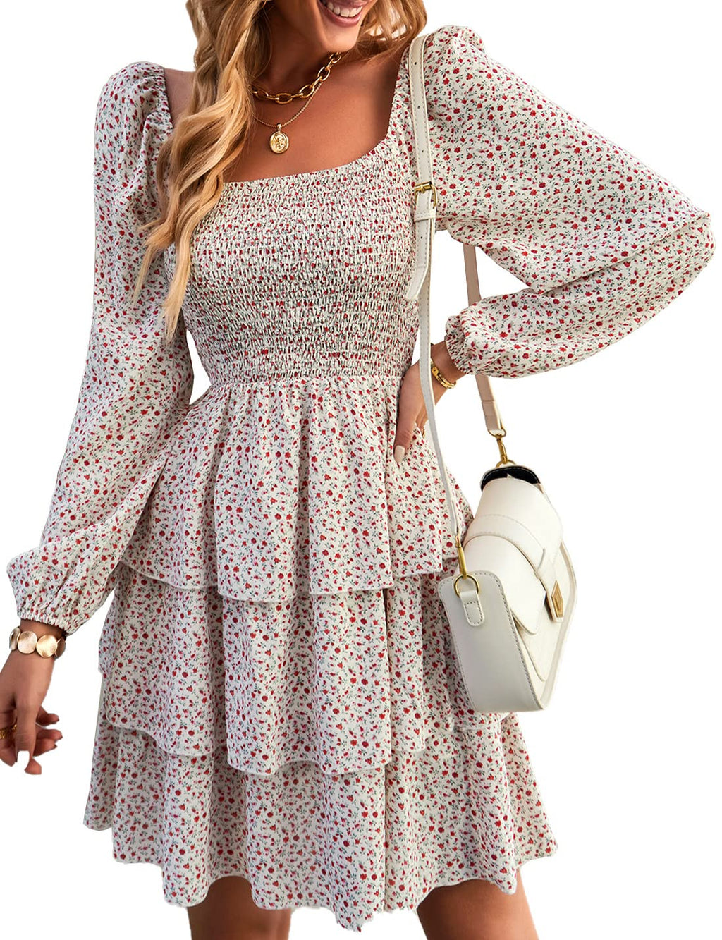 FreshPrettyWomen Square Neck Smocked Dresses Summer Spring Long Sleeve Floral Swiss Dot Mini Boho Wedding Guest Dress