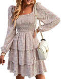 FreshPrettyWomen Square Neck Smocked Dresses Summer Spring Long Sleeve Floral Swiss Dot Mini Boho Wedding Guest Dress