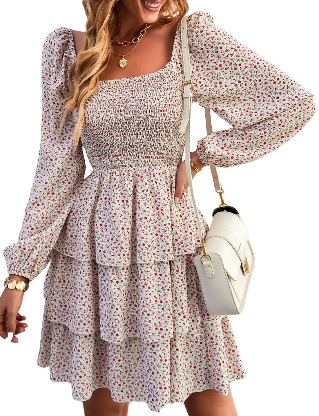 FreshPrettyWomen Square Neck Smocked Dresses Summer Spring Long Sleeve Floral Swiss Dot Mini Boho Wedding Guest Dress